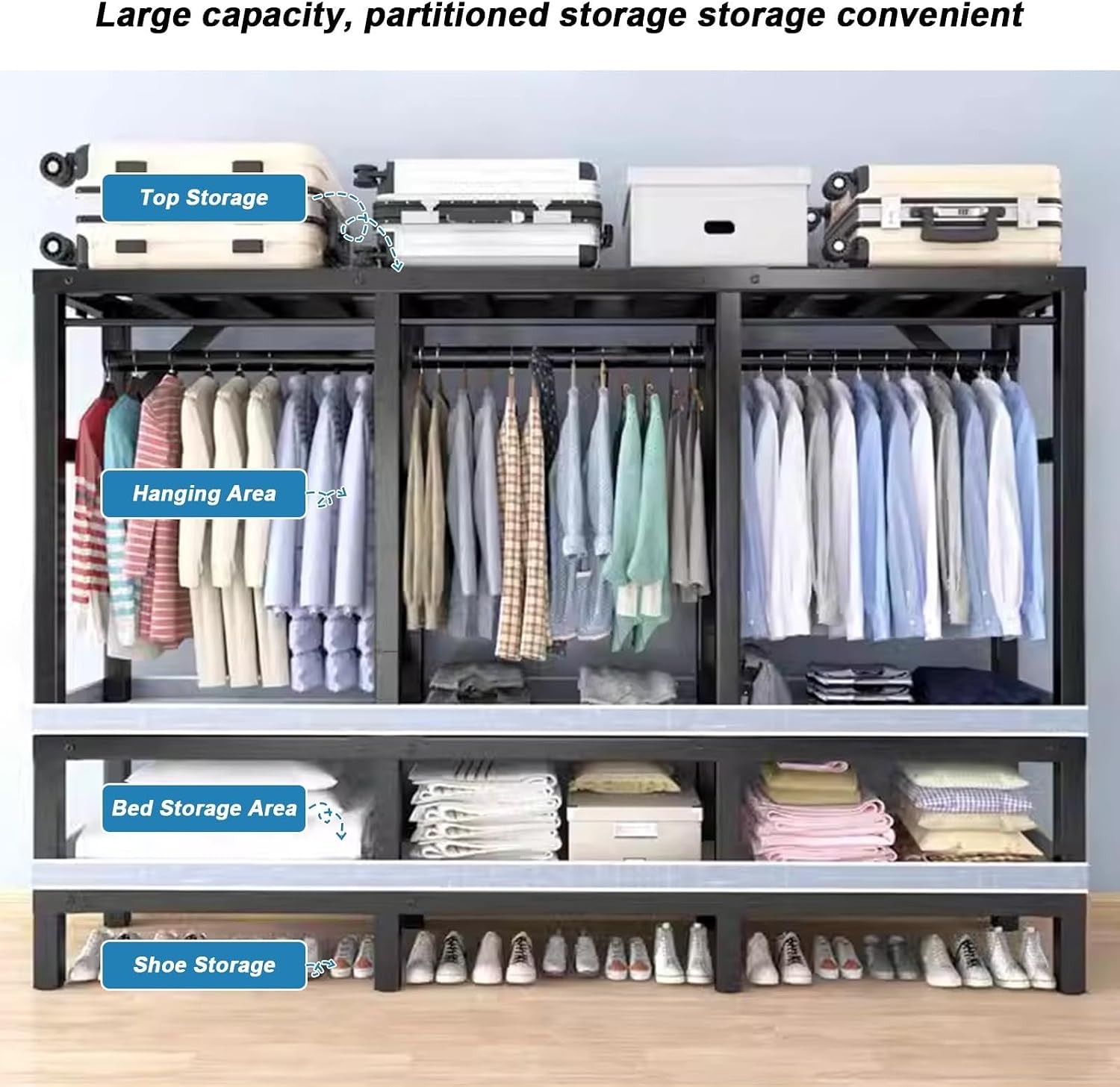 Heavy Duty Metal Mobile Clothes Drying Rack - Rolling Foldable Clothes Rack With Cover And Wheels/1500 Lbs Large Capacity Wardrobe Closet/Independent Clothing Organization System For Bedroom(Size:215*