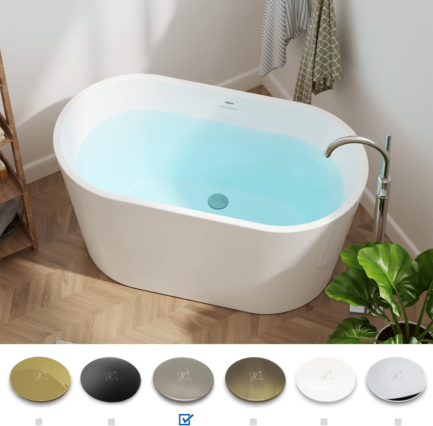 FerdY 47' Acrylic Freestanding Bathtub, Small Classic Oval Shape Acrylic Soaking Bathtub with Brushed Nickel Drain & Minimalist Linear Design Overflow, Modern White, cUPC Certified