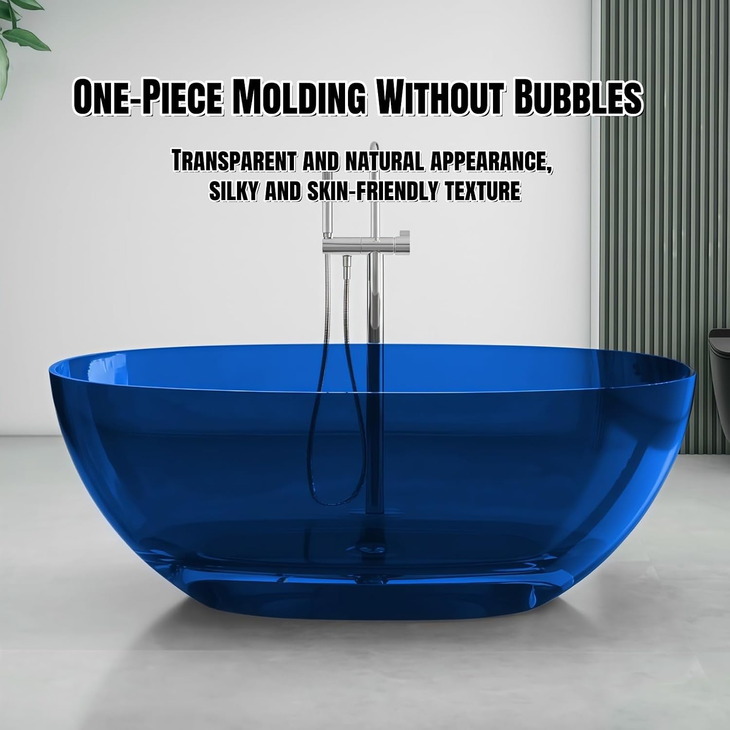 67' Edeyeu Freestanding Bathtub - Luxury Natural Resin Solid Surface Bathtub, Crystal Translucent Extra Deep Soaking Tub, High-End Stand Alone Free Standing Tub For Modern Bathroom Design Black