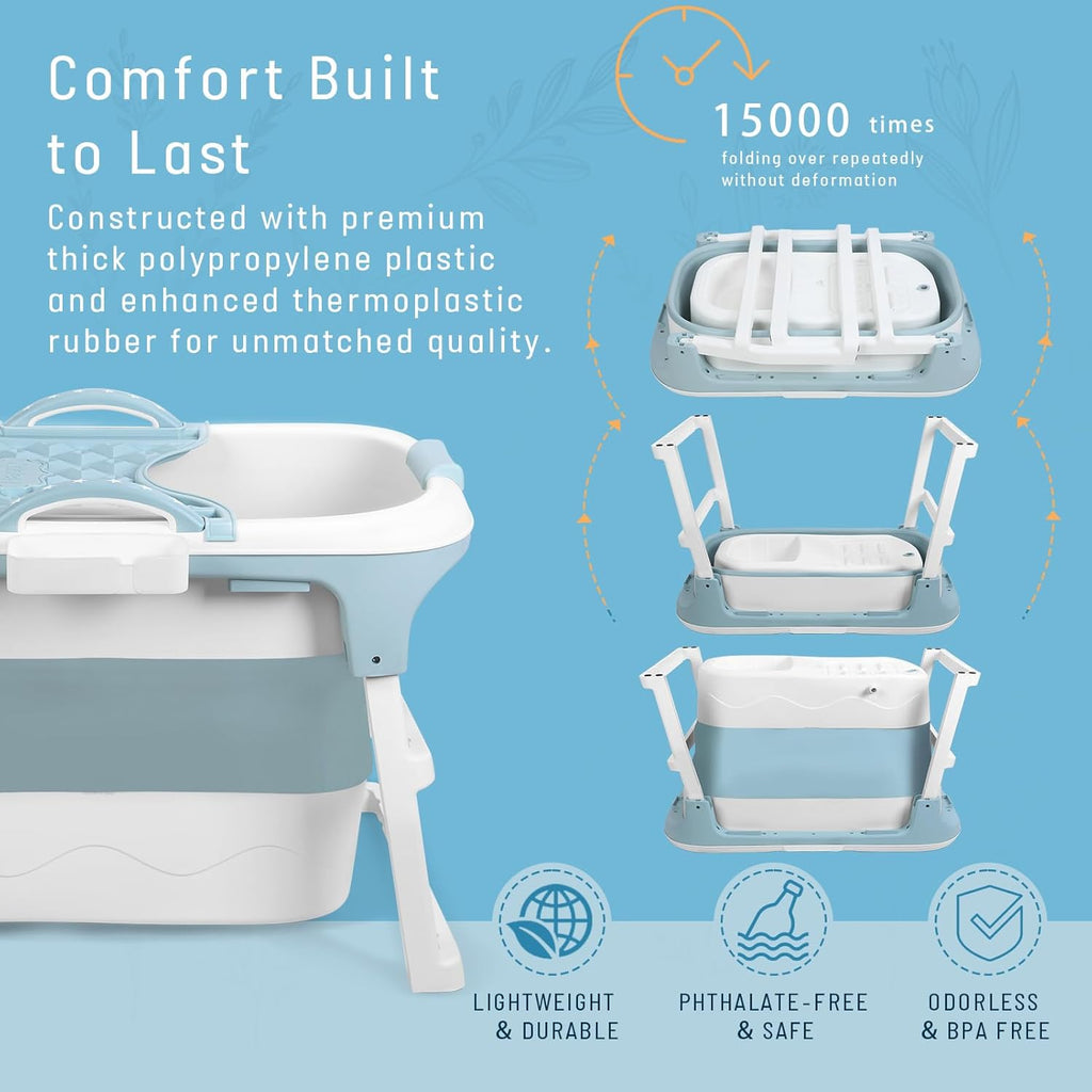Portable Foldable Bathtub for Adult, 41' Small Foldable Tub with Ergonomic Seat & Massage Roller, Large Capacity Soaking Tub for Adults with Thermal Cover (Blue)