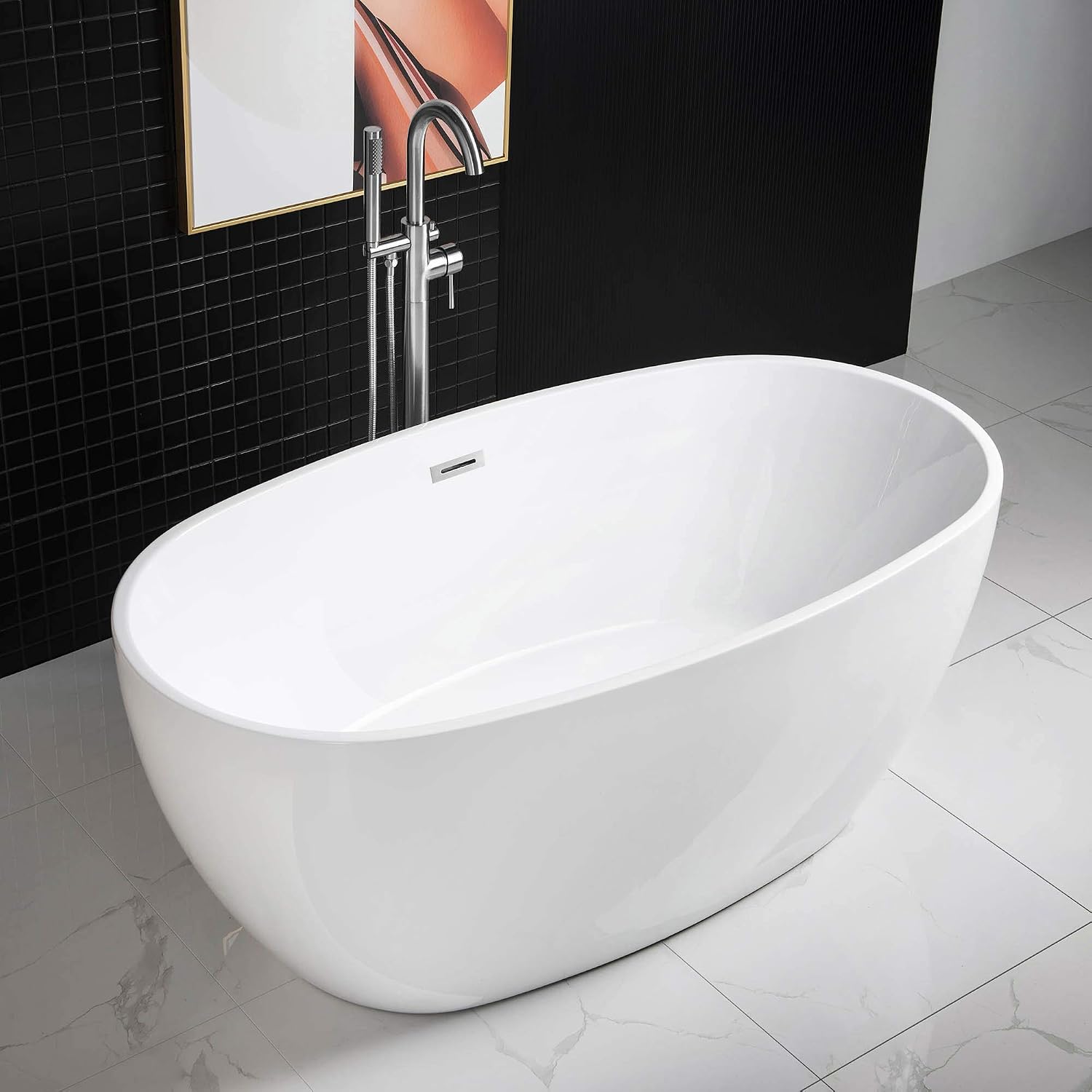 WOODBRIDGE 59' Acrylic Freestanding Bathtub Contemporary Soaking White Tub with Chrome Overflow and Drain,B0018-C
