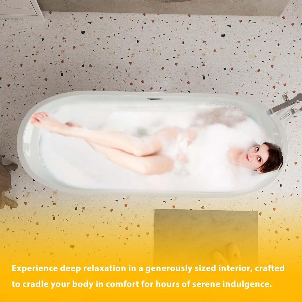 59' Acrylic Freestanding Tub, Oval Shape Soaking Tubs with Unique Diamond Pattern, Free Standing Bathtub for Bathroom