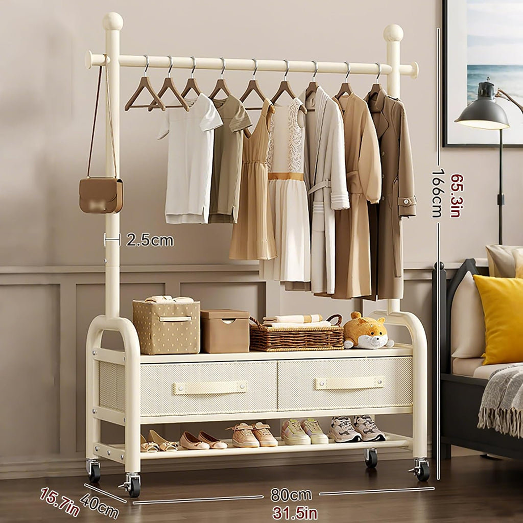 Heavy-Duty Clothes Rack With Wheels,Portable Metal Garment Rack With Storage Shelves And Coat/Hat Hooks,Freestanding Clothing Racks For Hanging Clothes,White(80cm(31.5in))