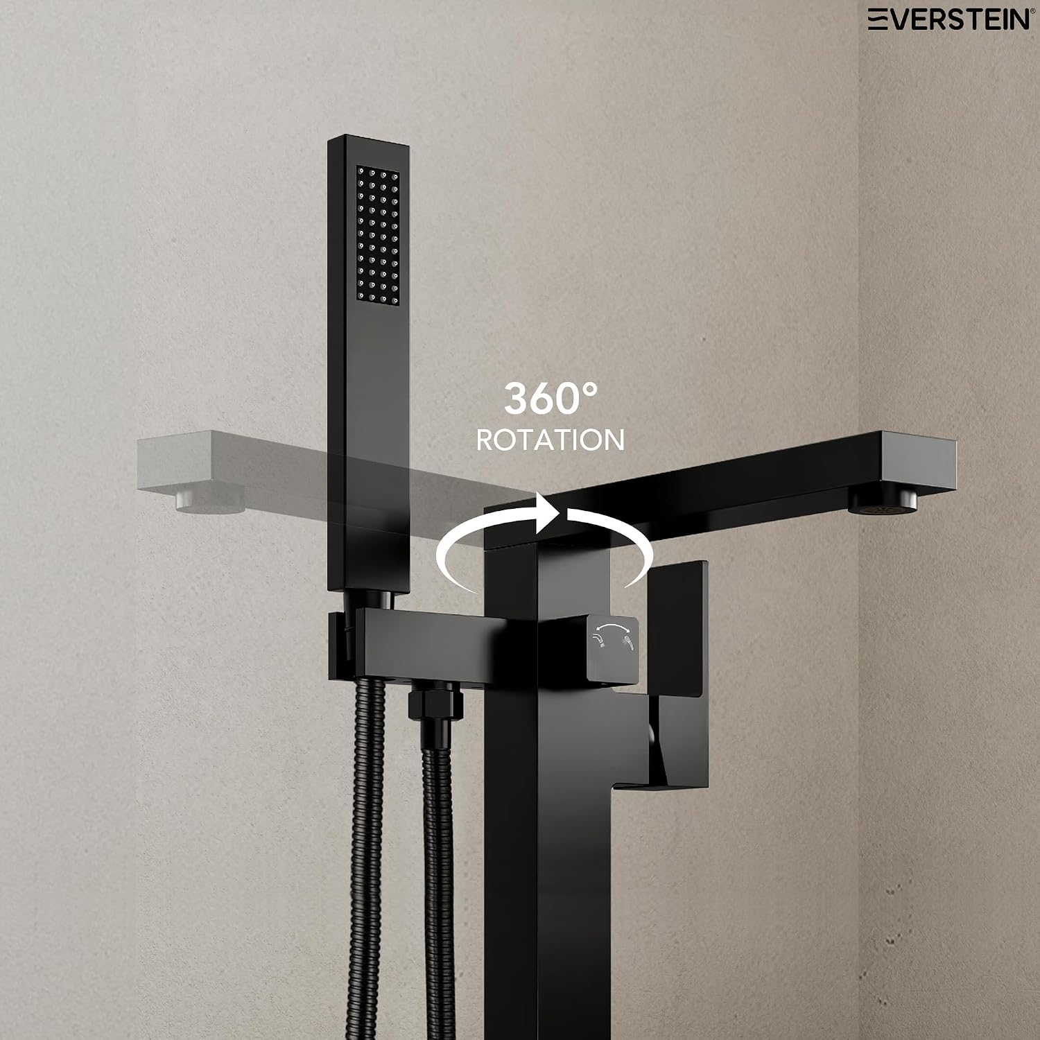 Freestanding Bathtub Faucet with Hand Held Shower, Floor Mount Tub Filler, Brass Bath Tub Faucet, Valve Included，Matte Black
