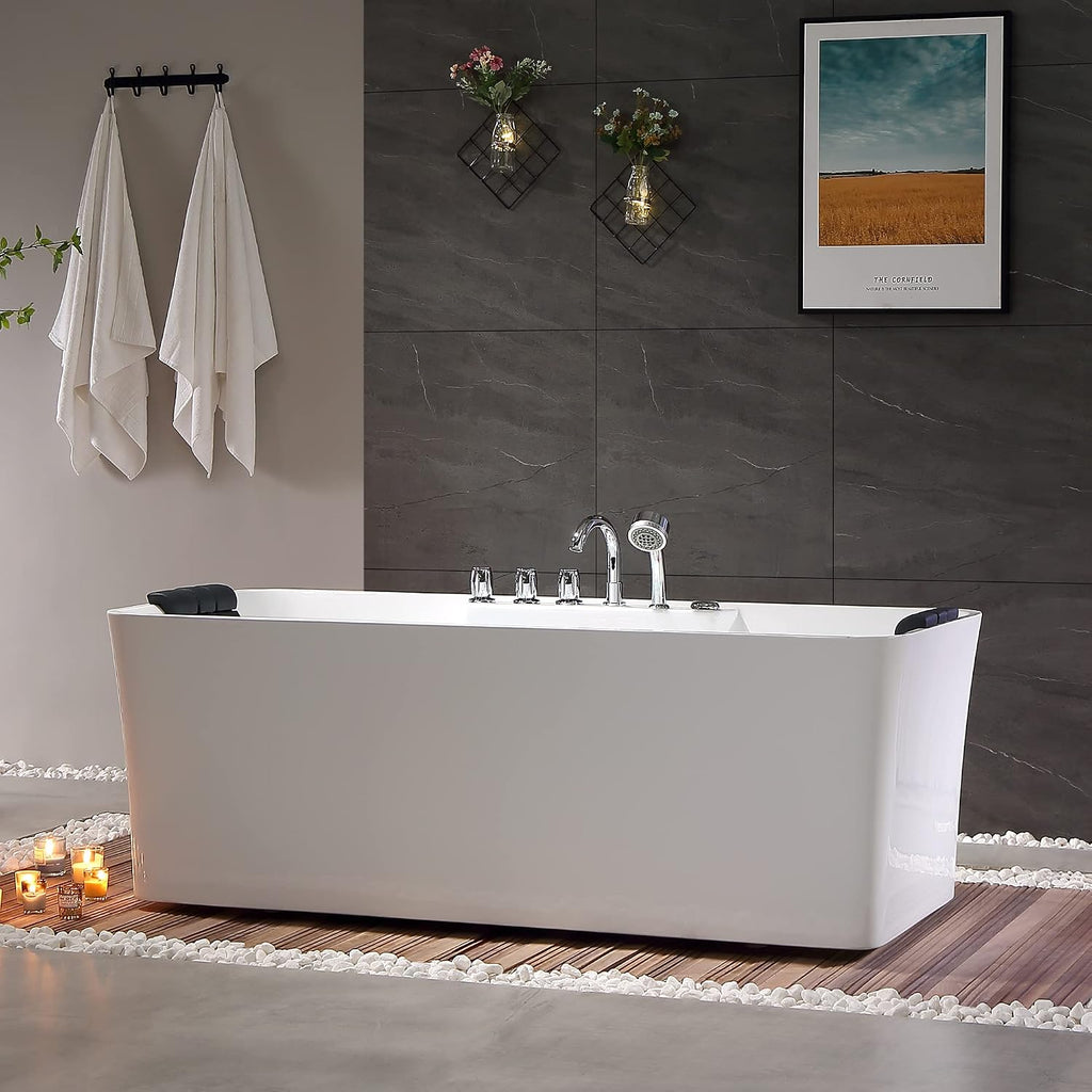 Empava 59-Inch Freestanding Whirlpool Bathtub Rectangular with 8 Hydromassage Adjustable Water Jets Luxury Acrylic Massage SPA Soaking Bath Tub Double Ended, White