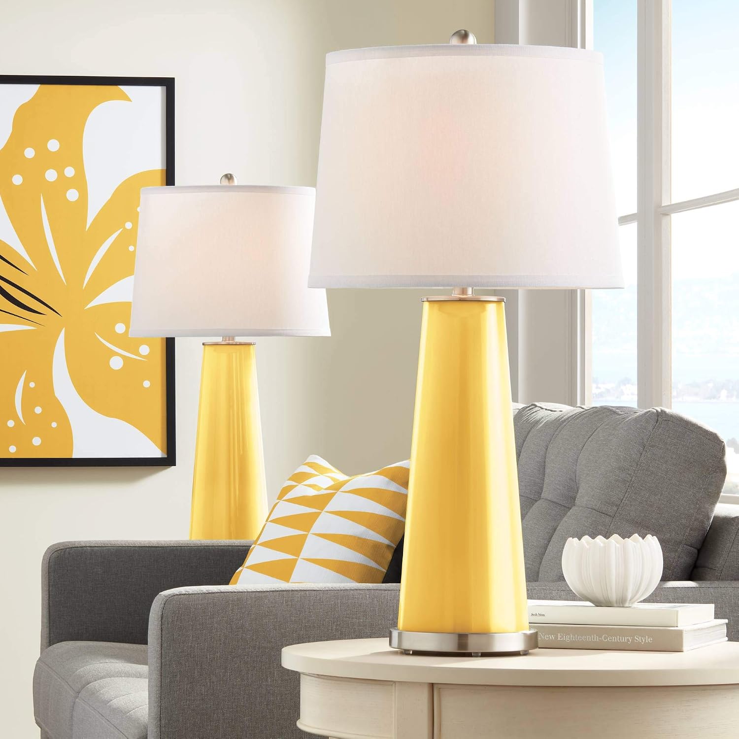 Color + Plus Leo Modern Table Lamps 29 1/2' Tall Set of 2 Goldenrod Glass Tapered Column Plain White Drum Shade Decor for Bedroom Living Room House Home Bedside Nightstand Office Family