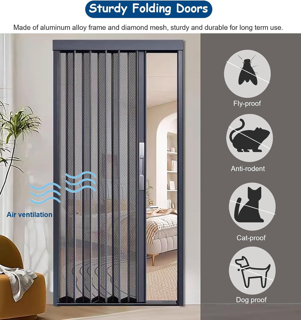 96 Inches Tall Accordion Door with Ventde Mesh, Aluminum Folding Sliding Door Multifold Screen Gate, Lockable Retractable Door Kit for Bedroom(22x39inch)