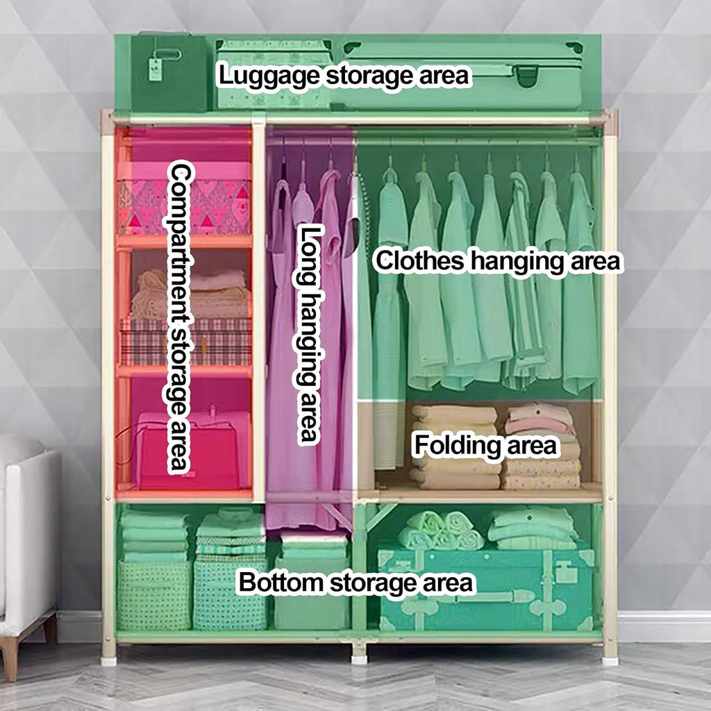 Foldable Wardrobe Closets With Cover, Metal Freestanding Clothing Rack, Portable Garment Rack With Hanging Rods, Quick And Easy To Assembly, For Bedroom(Grid 1,190cm/74.8inch)