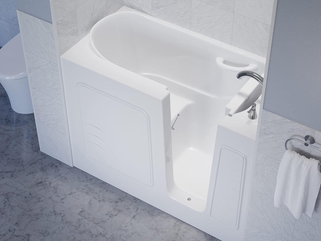 ANZZI Walk-In Bathtub 53 in x 26 in Right Drain Soaking Tub White Quick Fill Faucet Handheld Shower ADA Compliant Low Threshold Grab Bar Slip Resistant Acrylic Fiberglass Extension Kit | AMZ2653RWS