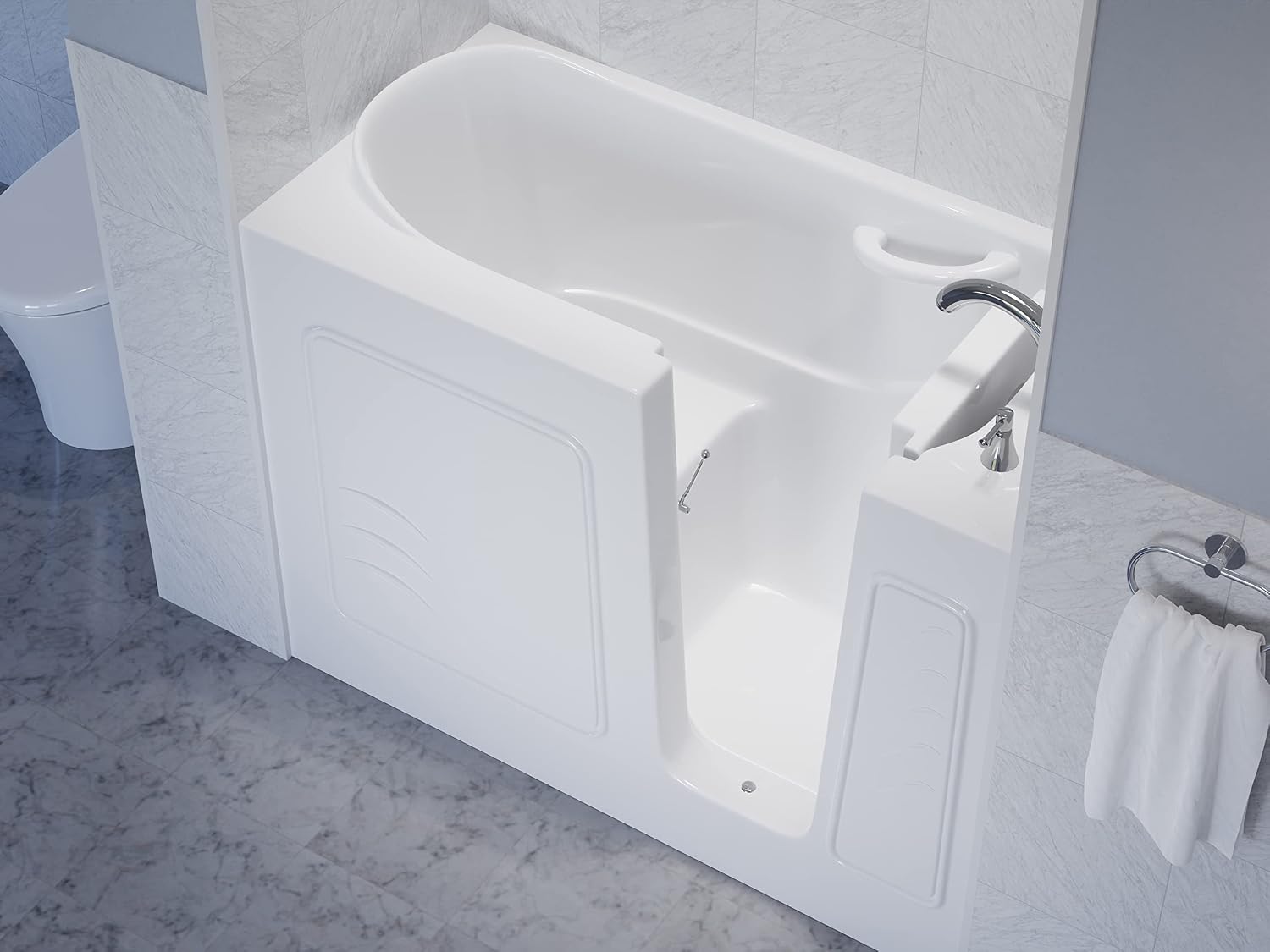 ANZZI Walk-In Bathtub 53 in x 26 in Right Drain Soaking Tub White Quick Fill Faucet Handheld Shower ADA Compliant Low Threshold Grab Bar Slip Resistant Acrylic Fiberglass Extension Kit | AMZ2653RWS