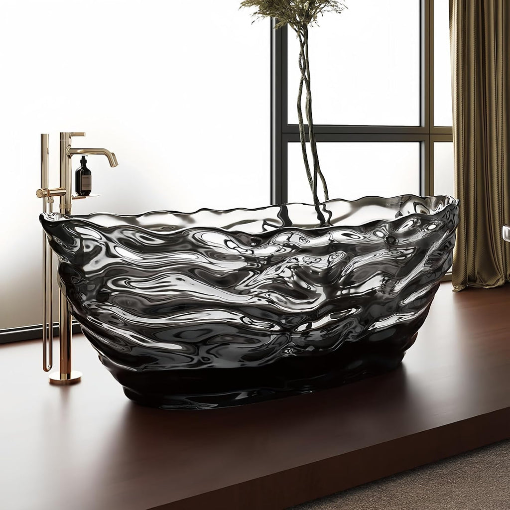 72' Edeyeu Freestanding Bathtub - Extra Deep Soaking Tub with Crystal Resin Design, Free Standing Bathtub Solid Surface, Durable Soaker Tub Easy to Clean with Drain Black