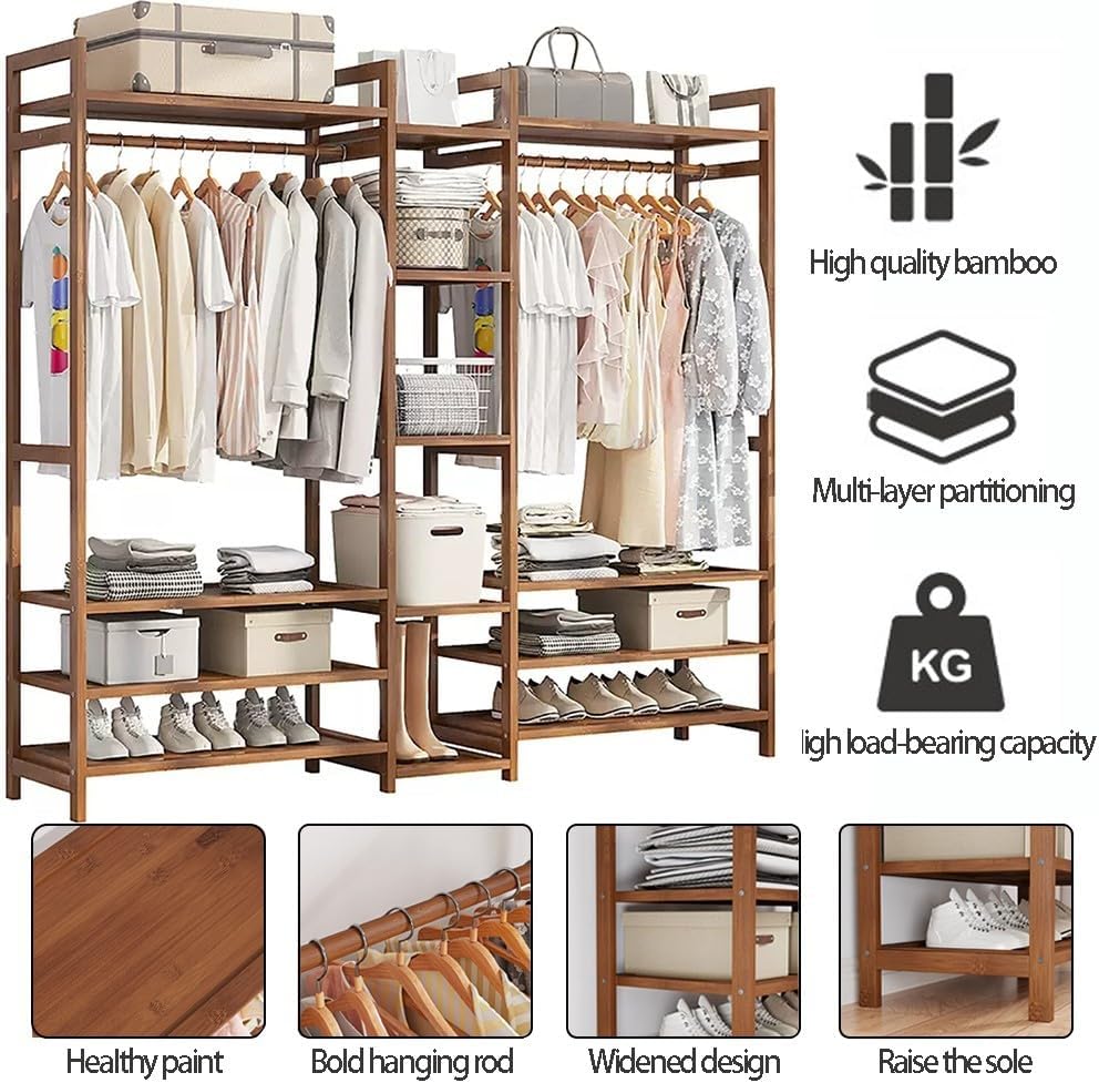 Floor-Standing Solid Wood Rotating Coat Rack，Natural Bamboo Coat Rack Stand with Hanging Rod, 2 Shelves & Hooks - Freestanding Garment Rack for Bedroom, Hallway & Entryway - Eco-Friendly, St