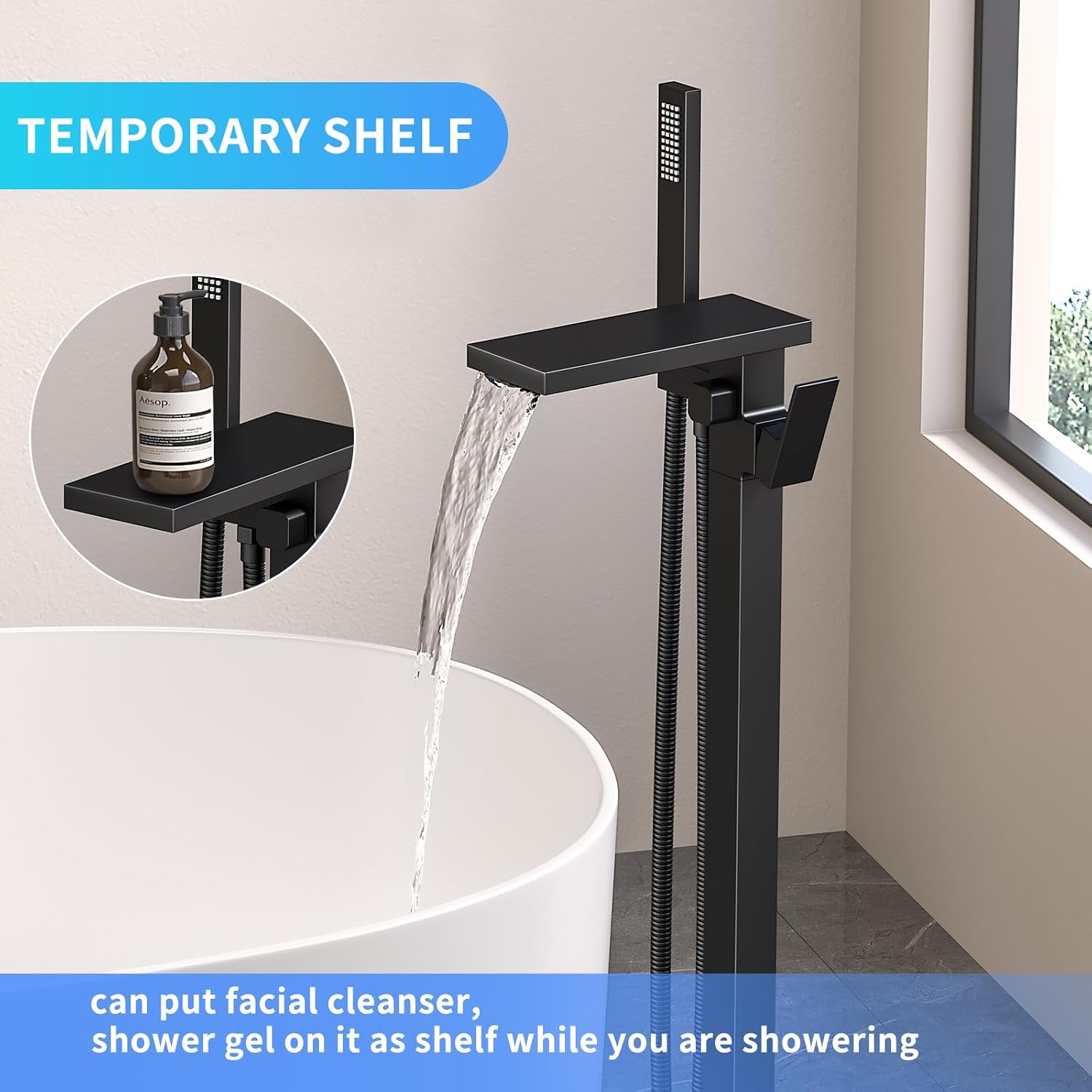 Freestanding Bathtub Faucet with Handheld Spray Single,High Flow Waterfall Bath Shower Faucet,Floor Mount Bathtub Faucet Swivel Flat Waterfall Spout Matte Black
