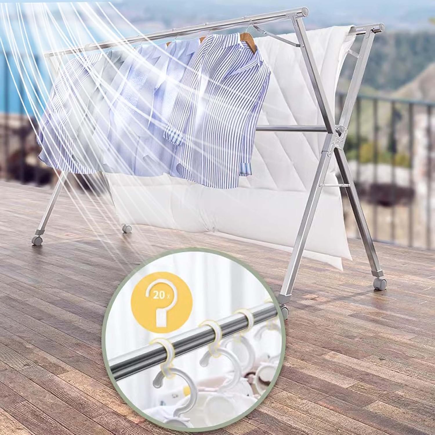 Clothes Drying Rack Foldable Indoor, Heavy Duty Outdoor Laundry Drying Rack, Space Saving Hanger Rack, Length Adjustable Garment Rack, Collapsible, for Clothes, Towels, Linens