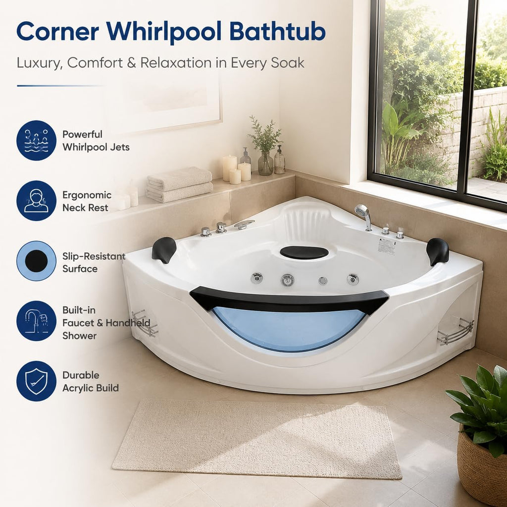 59x59 Inch Corner Bathtub for 2 Person, 6 Jet Whirlpool Tub withChromatherapy LED Lights, Acrylic Soaking Tub with Hydro Massage, Includes Faucet & 2 Bath Pillows