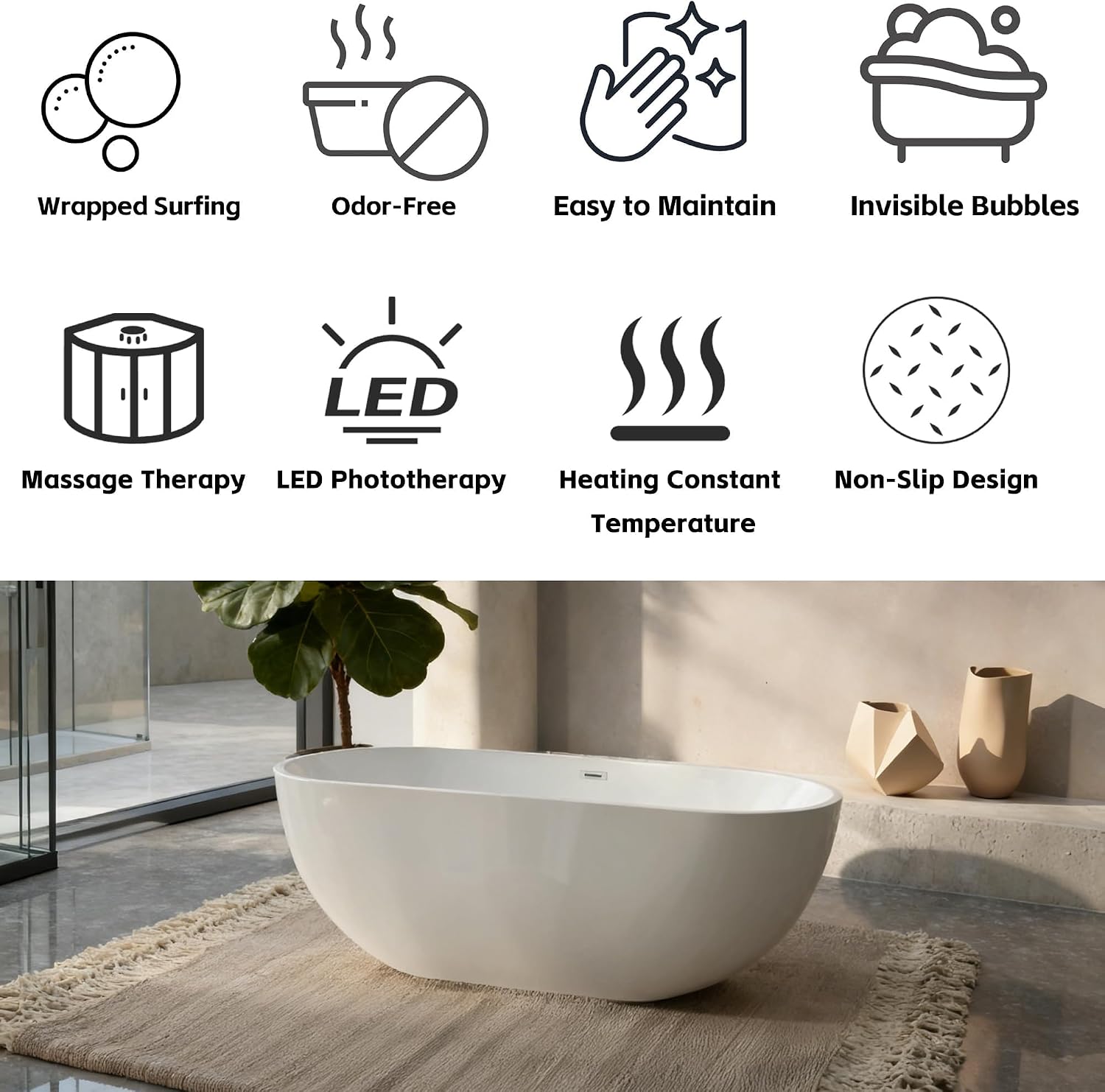 67'x31.5' Jetted Tubs with 6 Whirlpool Nozzles and 8 Air Bubbles, White Freestanding Massage Whirlpool Bathtub, Hydro Massage, Color-Changing LED Chromatherapy, Air type control switch