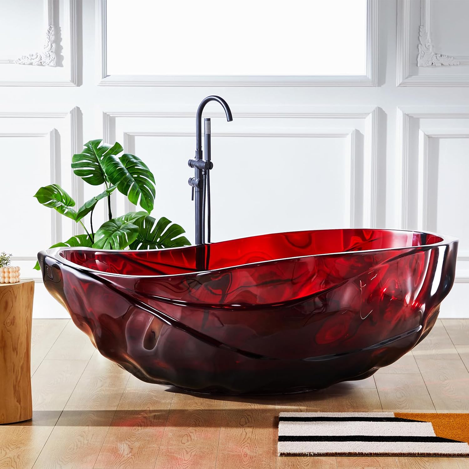 Cpingao 67' Resin Translucent Freestanding Bathtub, Modern Oval Stand Alone Tubs, Contemporary Transparent Resin Freestanding Bath 1700 MM with Drain Fiery Red 8852-1700-RED