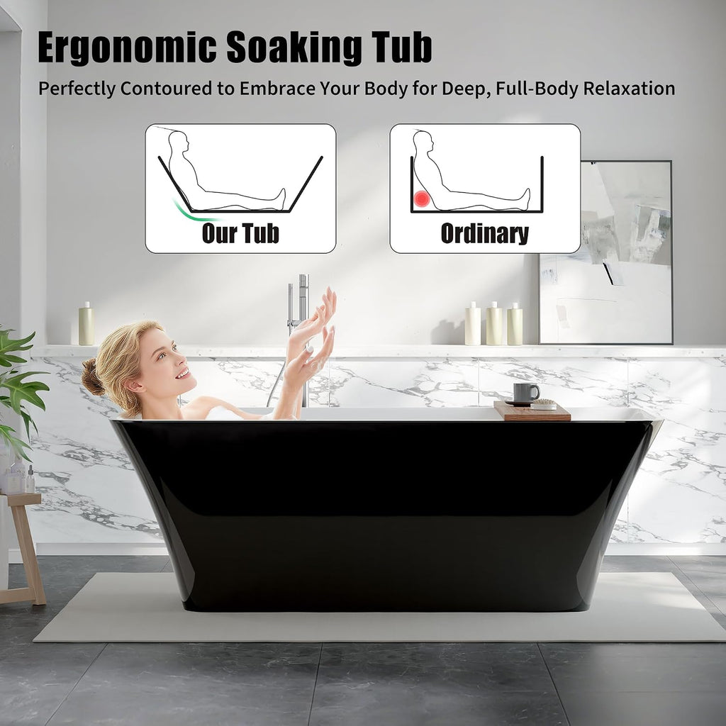Freestanding Bathtubs 67 Inch, Extra Large Freestanding Bathtub, Acrylic Stand Alone Tub with Chrome Drain, Black Exterior White Interior Oval Soaking Tub for Bathroom or Guest Use