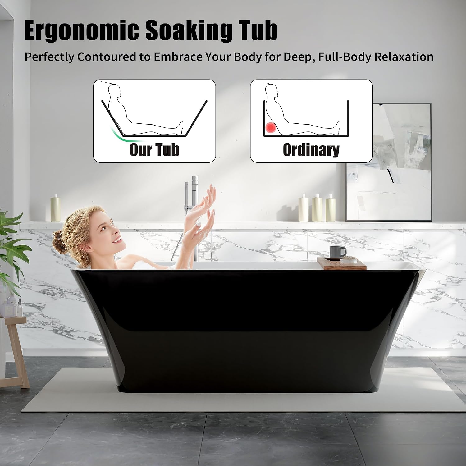 Freestanding Bathtubs 67 Inch, Extra Large Freestanding Bathtub, Acrylic Stand Alone Tub with Chrome Drain, Black Exterior White Interior Oval Soaking Tub for Bathroom or Guest Use