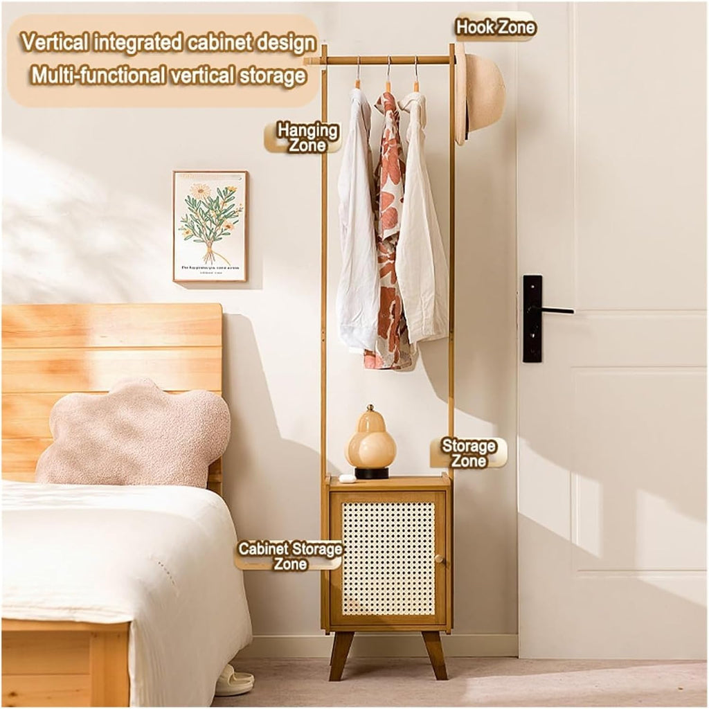 Bamboo Clothes Rack with Storage Basket - Freestanding Solid Wood Garment Rack for Bedroom, Living Room, and Hallway Organization(Tea Brown)