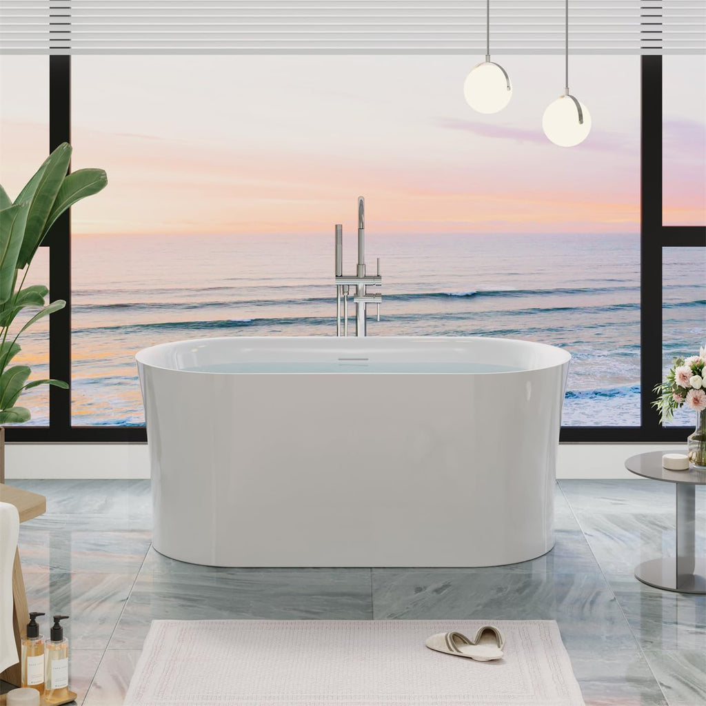 WELLFOR 59 Inch Acrylic Freestanding Bathtub, 80 Gallons Capacity White Soaking Tub, Freestanding Soaking bath tub with Chrome Bathtub Drain and Groove Overflow, Glossy White