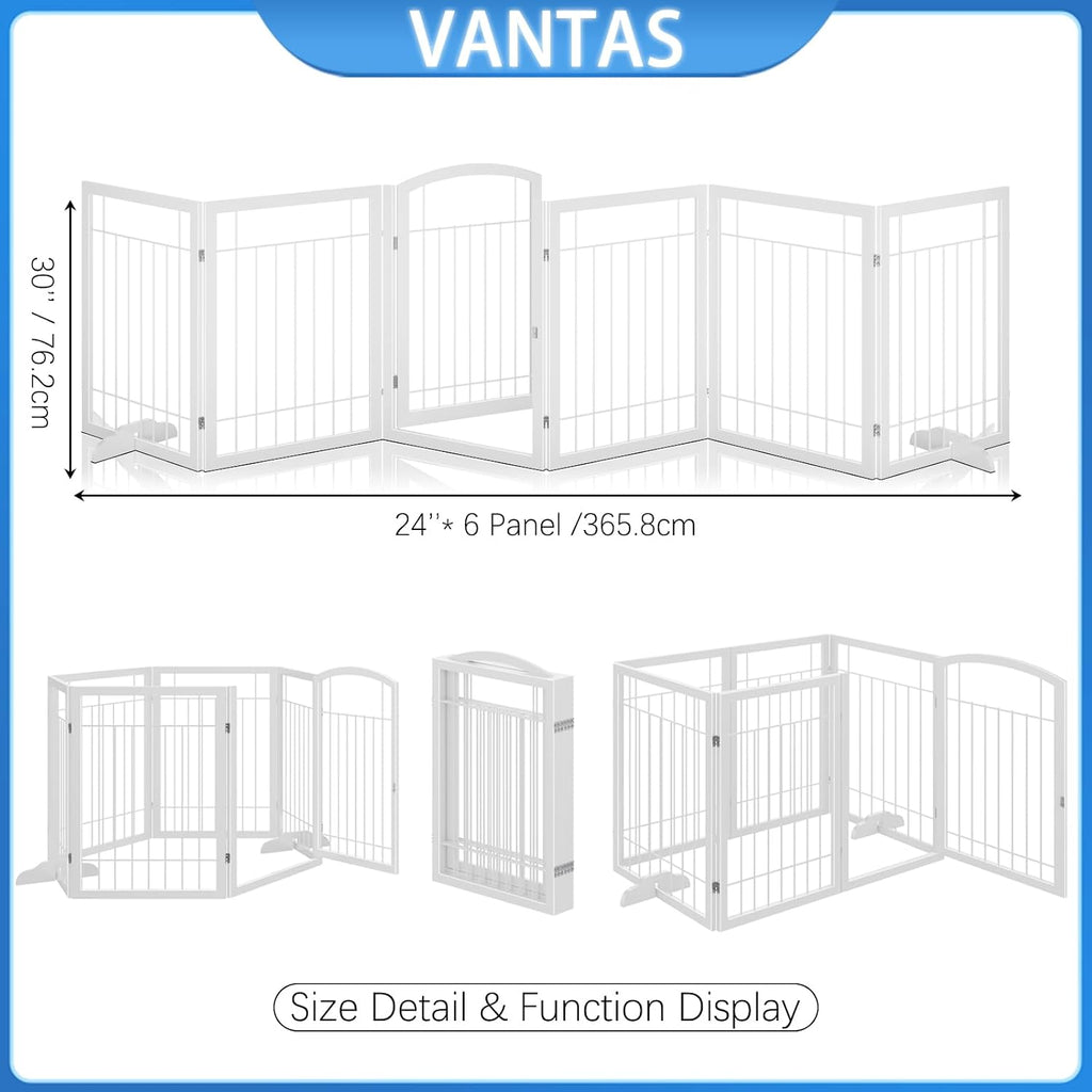 Vantas Folding Pet Gate 144' Wide, 30' Tall No-Assembly Metal Dog Gate with Door Walk Through, Freestanding Wire Pet Puppy Safety Fence, with 2PCS Support - White