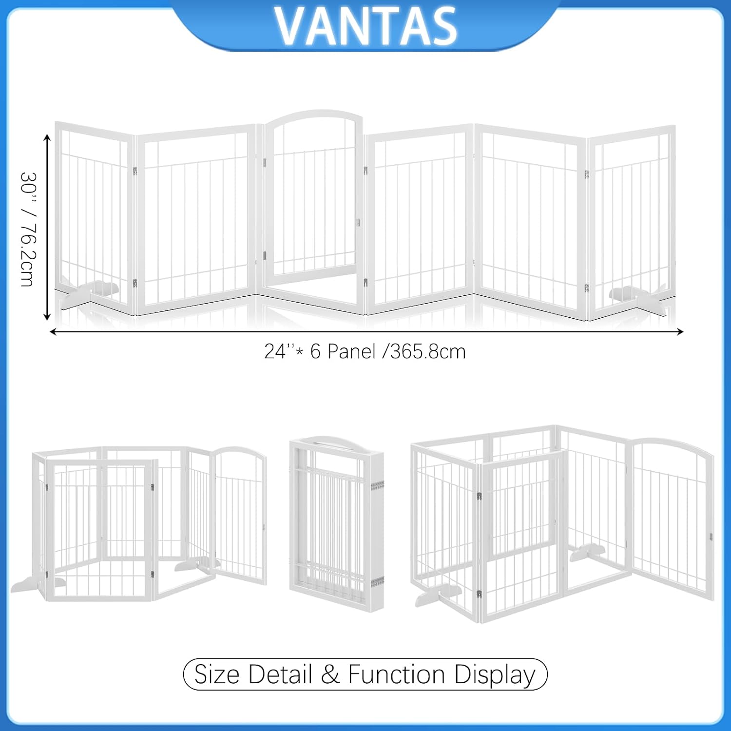 Vantas Folding Pet Gate 144' Wide, 30' Tall No-Assembly Metal Dog Gate with Door Walk Through, Freestanding Wire Pet Puppy Safety Fence, with 2PCS Support - White