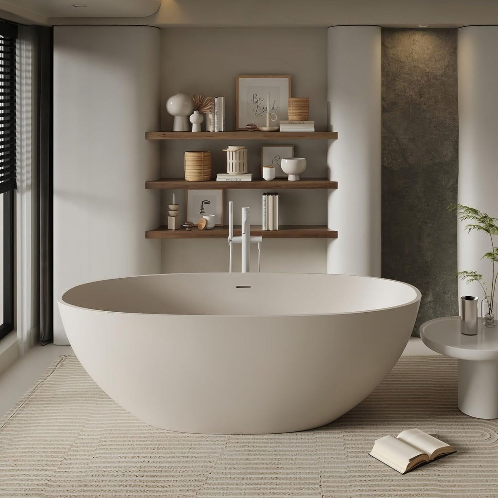 72' Edeyeu Freestanding Bathtub - Oval Deep Soaking Tub with Engineered Stone Build, Ergonomic Backrest and Heat-Retaining Layers, Luxury Solid Surface Bathtub for Modern Bathrooms Beige