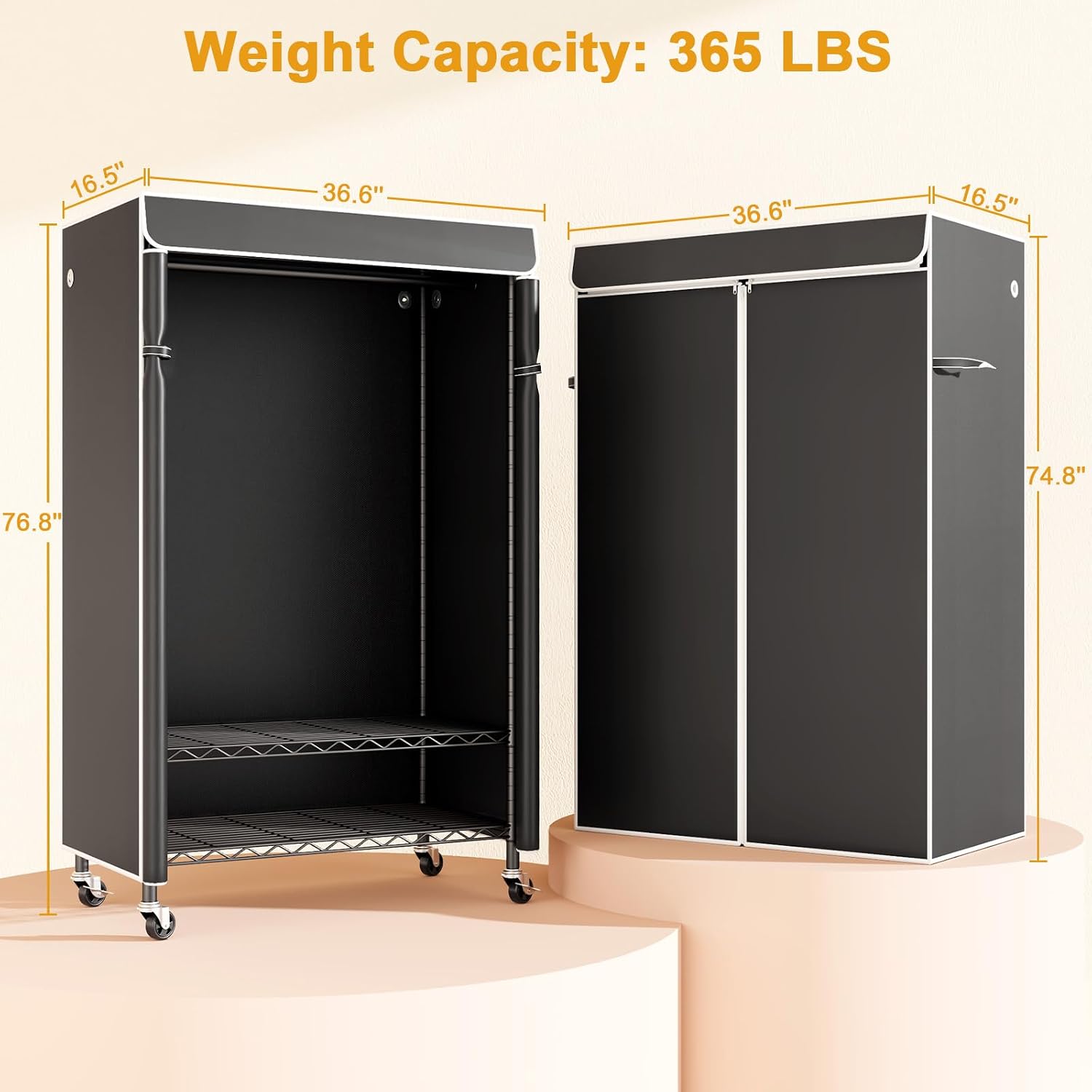 ULIFHOME P6C Plus & P6C Rolling Clothes Rack with Cover, Covered Clothing Rack Heavy Duty, Portable Closet for Hanging Clothes, Garment Rack on Wheels, Black Closet Rack with Black Cover
