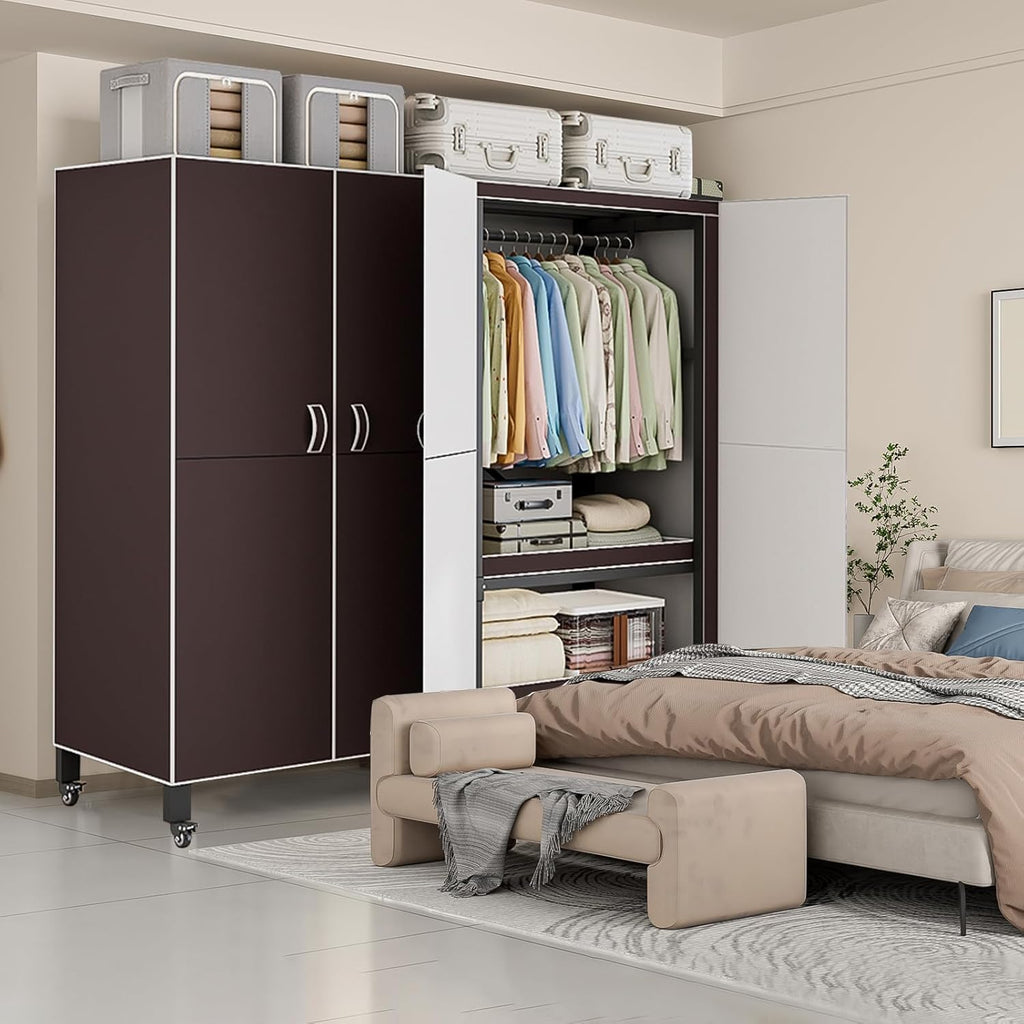 Heavy Duty Covered Clothes Rack with Magnetic Door Foldable Portable Wardrobe Closet for Hanging Clothing Rolling Black Metal Garment Rack on Wheels Closet System (Brown, 65.9in)