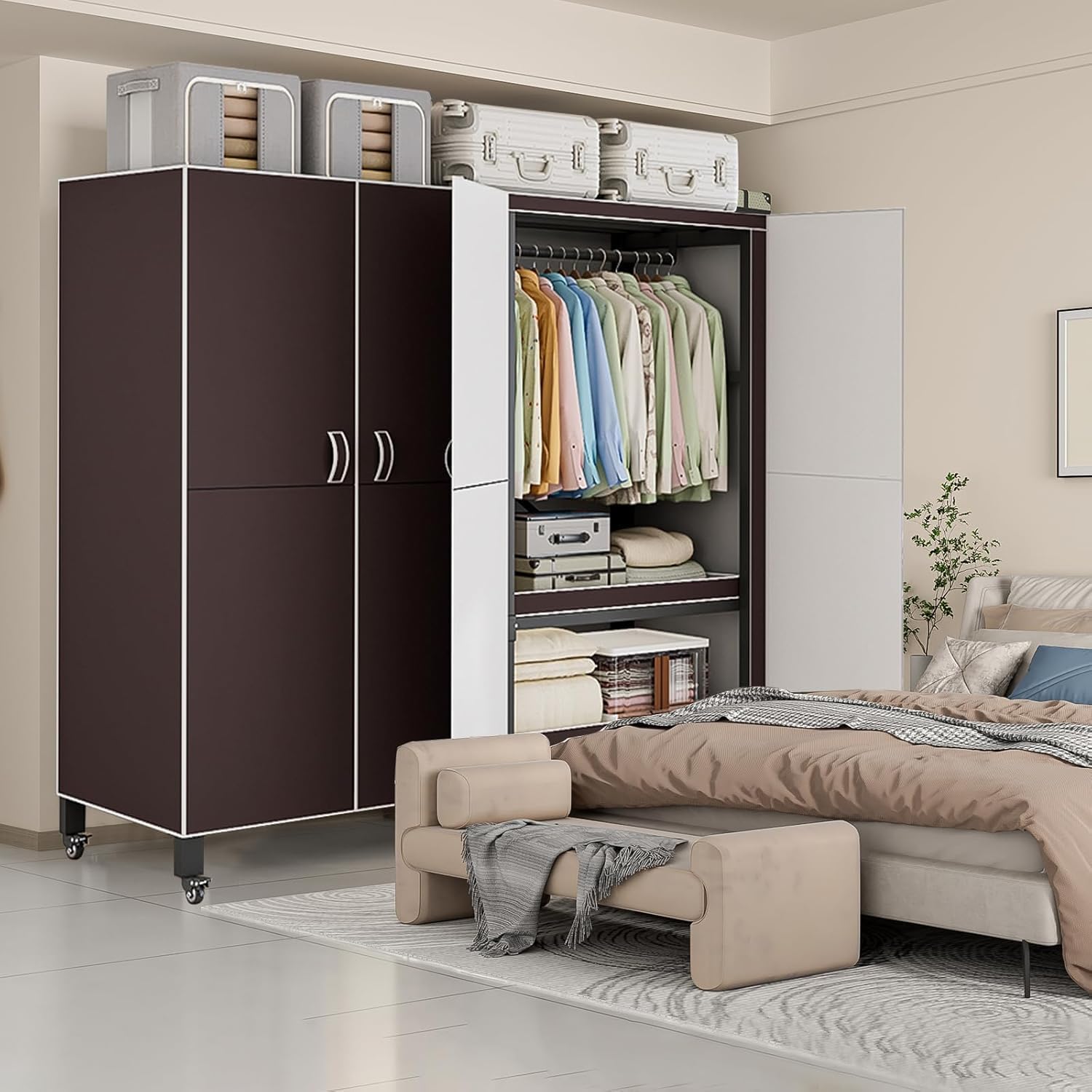 Heavy Duty Covered Clothes Rack with Magnetic Door Foldable Portable Wardrobe Closet for Hanging Clothing Rolling Black Metal Garment Rack on Wheels Closet System (Brown, 65.9in)