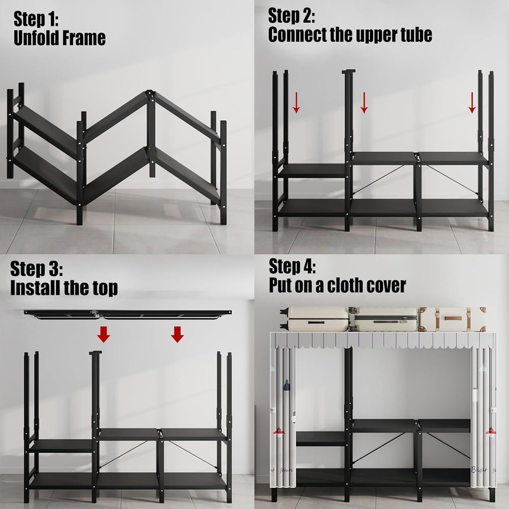 Free Standing Closet Organizer, Heavy Duty Wardrobe Closet Clothing Rack with Storage Shelvels, Carbon Steel & Oxford Cloth Cover, Dustproof, Storage Garment Rack for Bedroom, 600lbs (Black)
