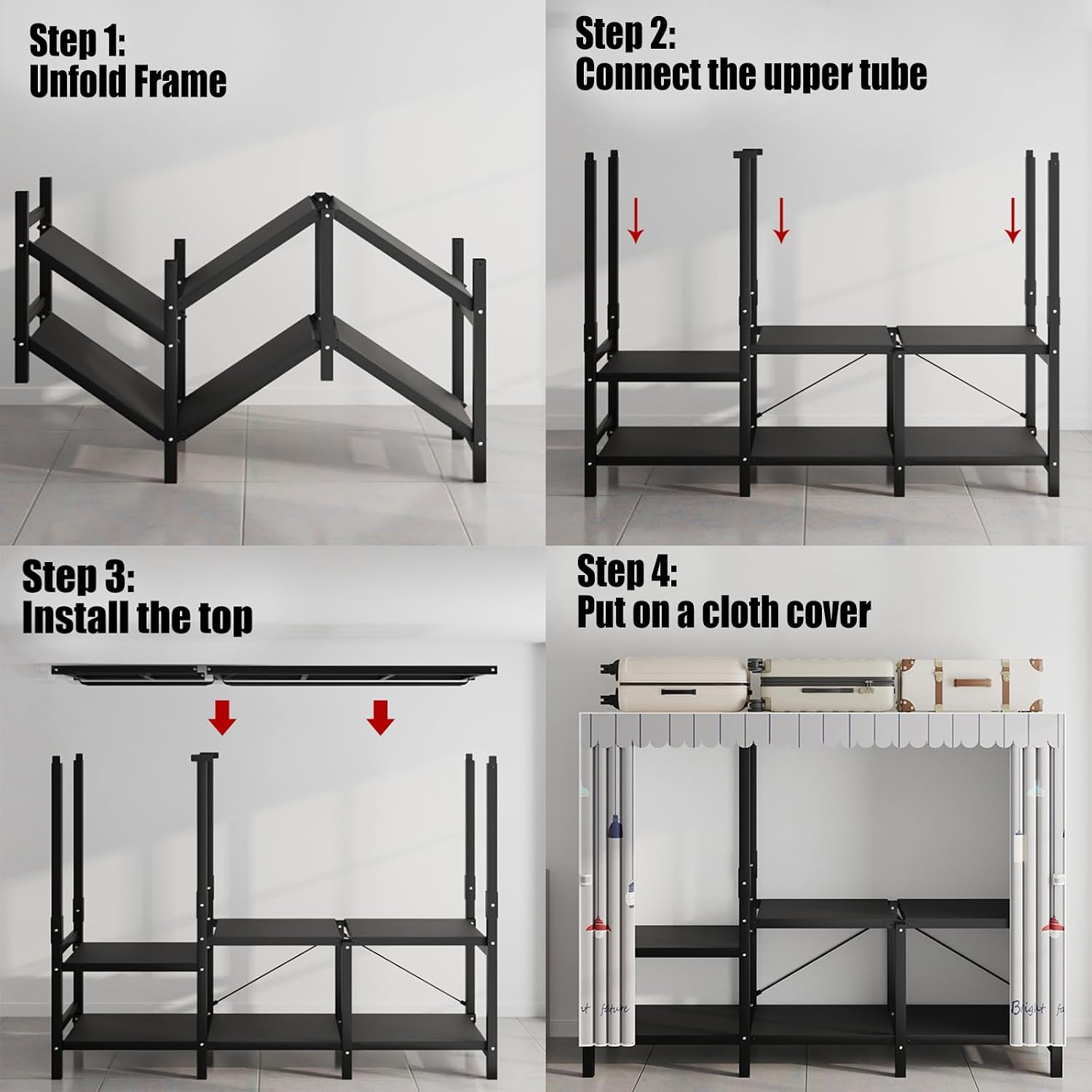Free Standing Closet Organizer, Heavy Duty Wardrobe Closet Clothing Rack with Storage Shelvels, Carbon Steel & Oxford Cloth Cover, Dustproof, Storage Garment Rack for Bedroom, 600lbs (Black)