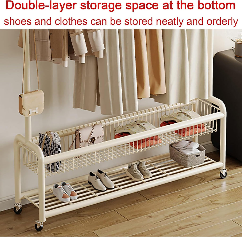 Heavy-Duty Clothes Rack With Wheels,Garment Rack With Storage Shelves And Coat/Hat Hooks,Hanging Racks For Clothes,Freestanding Rolling Clothing Organizer For Bedroom Storage(White,100cm(39.4in))