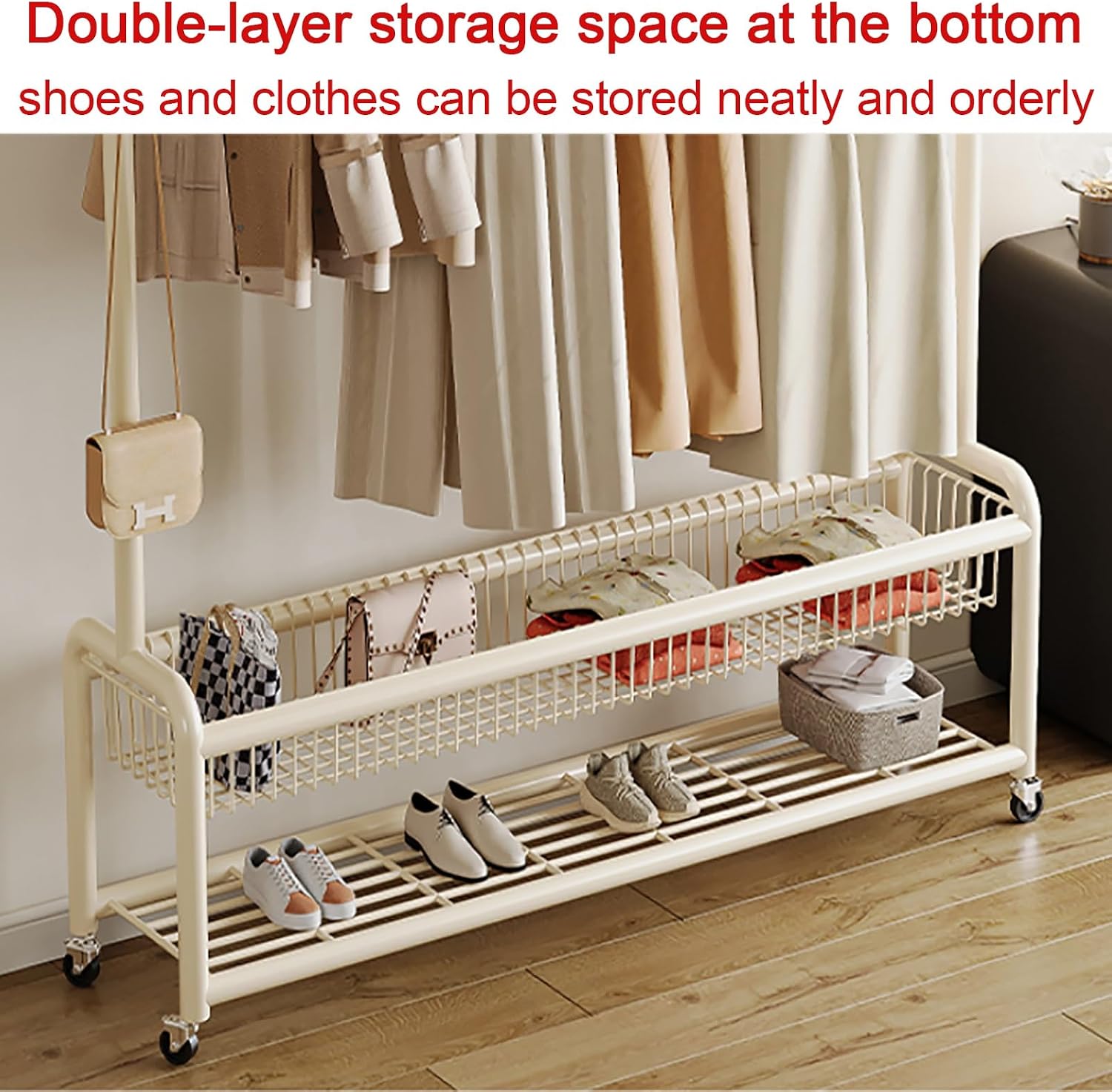 Heavy-Duty Clothes Rack With Wheels,Garment Rack With Storage Shelves And Coat/Hat Hooks,Hanging Racks For Clothes,Freestanding Rolling Clothing Organizer For Bedroom Storage(White,100cm(39.4in))