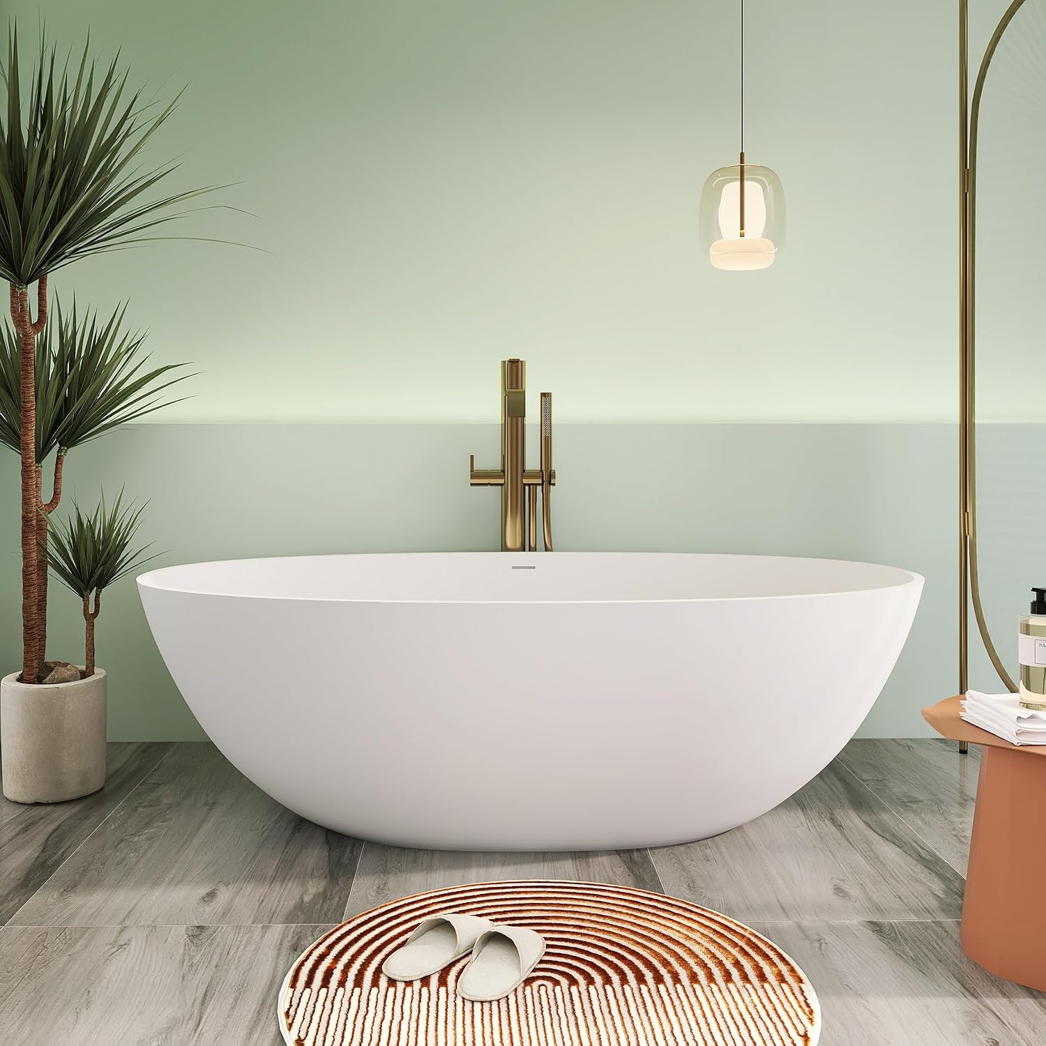 71' Premium Solid Surface Freestanding Bathtubs, Oval Stone Resin Tub with Overflow and Pop-up Drain, Matte White