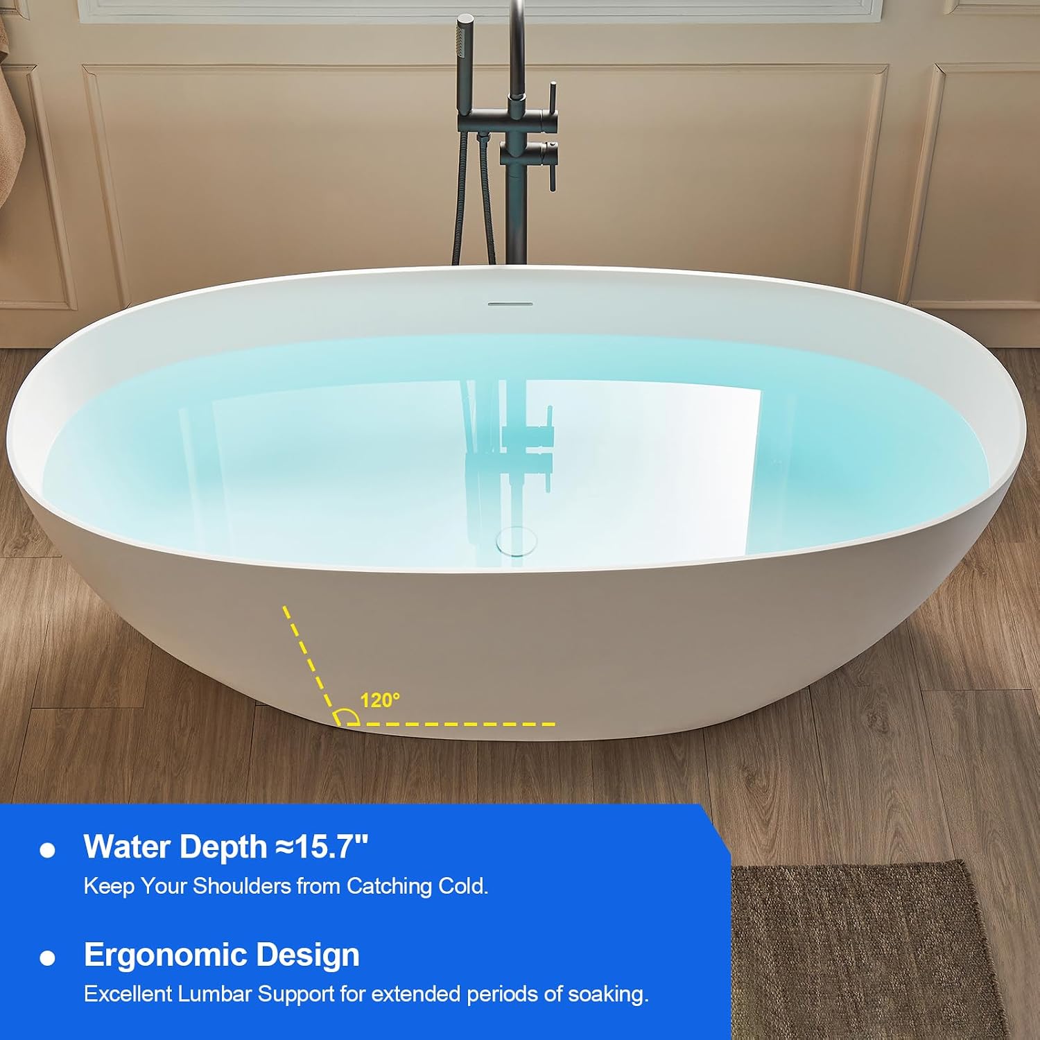 Cpingao 63' Solid Surface Freestanding Bathtub, Modern Oval Shape Soaking Tub, Stone Resin Stand Alone Bathtub with Drain & Integrated Slotted Overflow Matte White 8845-1600