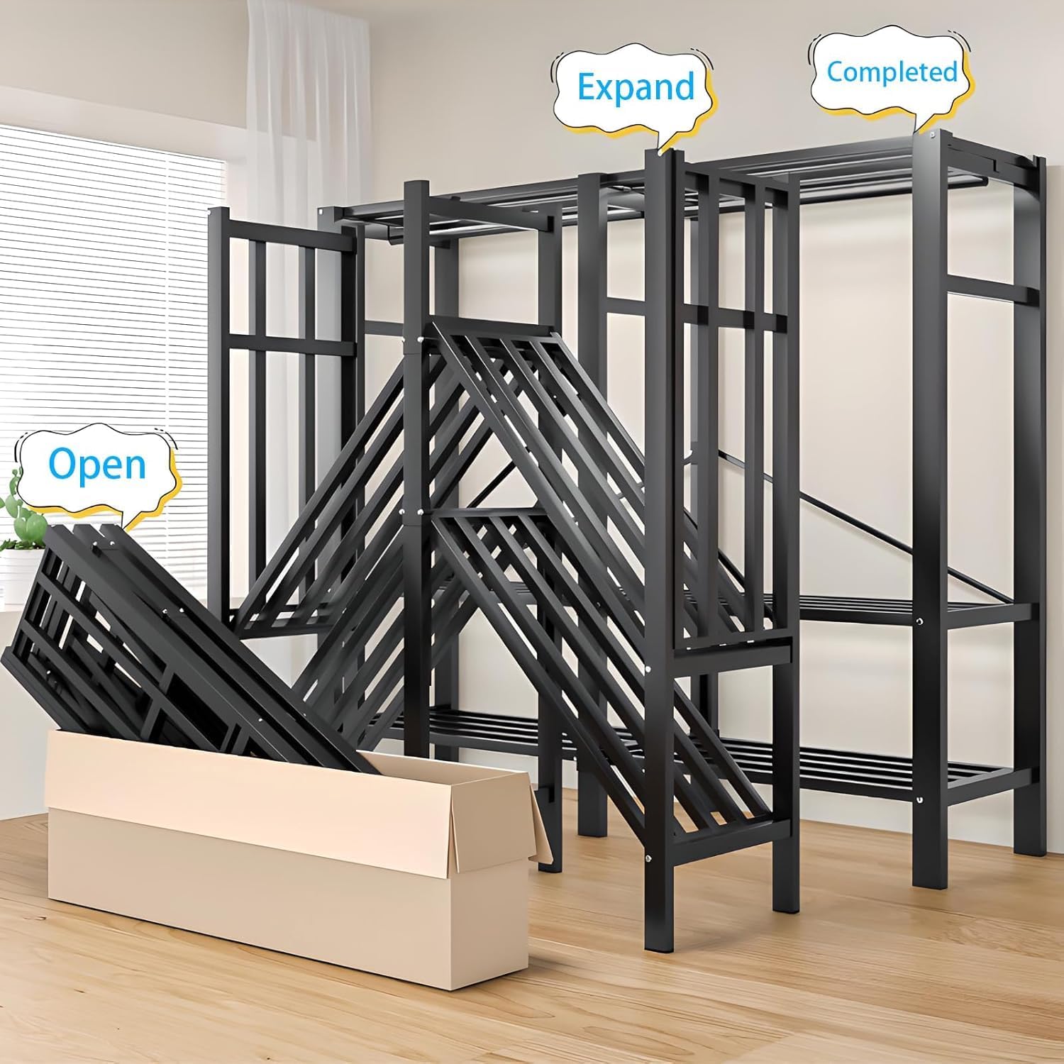 Heavy Duty Covered Clothes Rack with Magnetic Door Foldable Portable Wardrobe Closet for Hanging Clothing Rolling Black Metal Garment Rack on Wheels Closet System (Black, 70.89in)