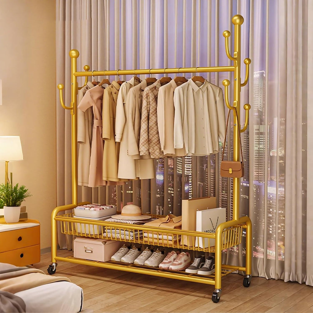 Clothes Rack With Storage Basket For Hanging Clothes,Rolling Heavy Duty Clothing Rack With Wheels,Metal Garment Racks With Coat/Hat Hooks,Freestanding Clothing Organizer(White,60cm(23.6in))