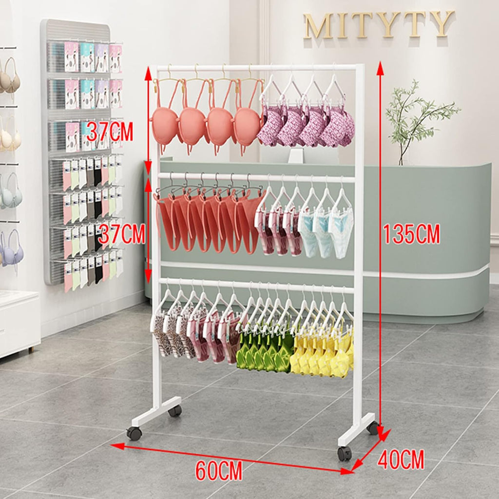 Scarf Display Rack Freestanding Metal Organizer with Wheels, 3-Tier Shelves for Bedroom/Boutique - Underwear Panty Shorts Bra Stand for Clothes White-60×40×135CM
