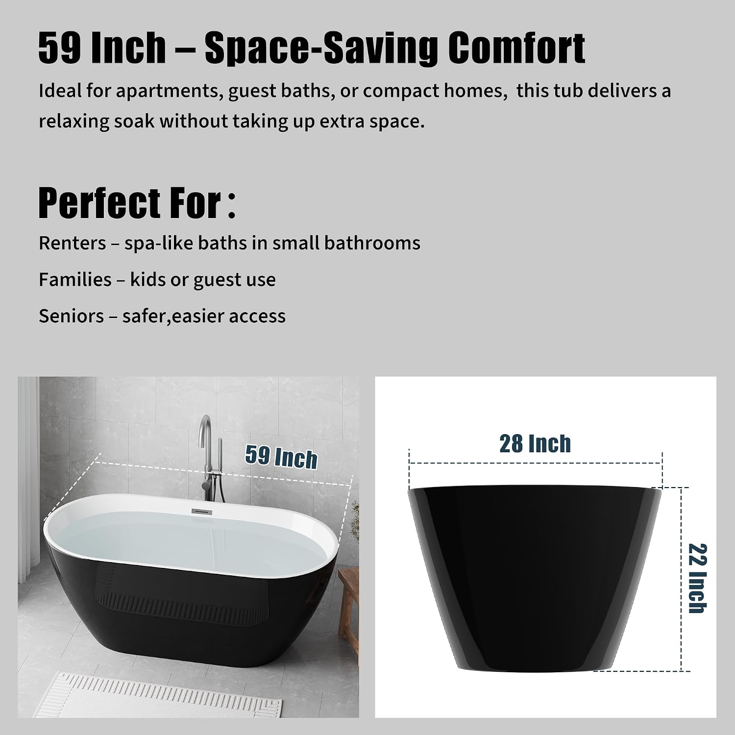 Freestanding Bathtub 59 inch, 59 inch Freestanding Bathtub Acrylic Stand Alone Tub with Overflow and Extendable Drain, Modern Soaking Tub for Home Bathroom