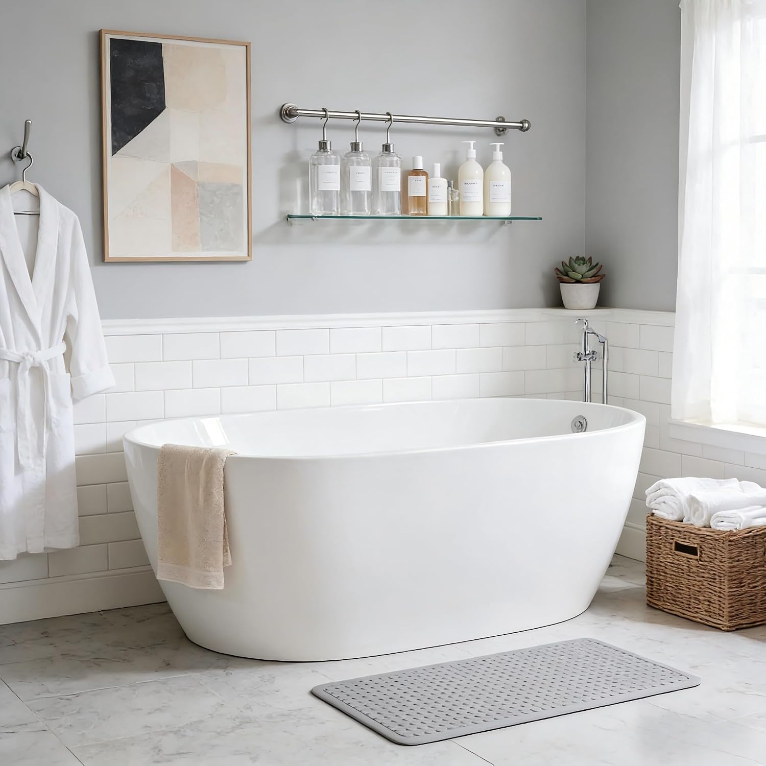 47 * 28 * 24 Inch Acrylic Freestanding Bathtub, Modern Soaking Bright White Bathtub, Equipped With Bright Silver Overflow And Bouncing Water Outlet