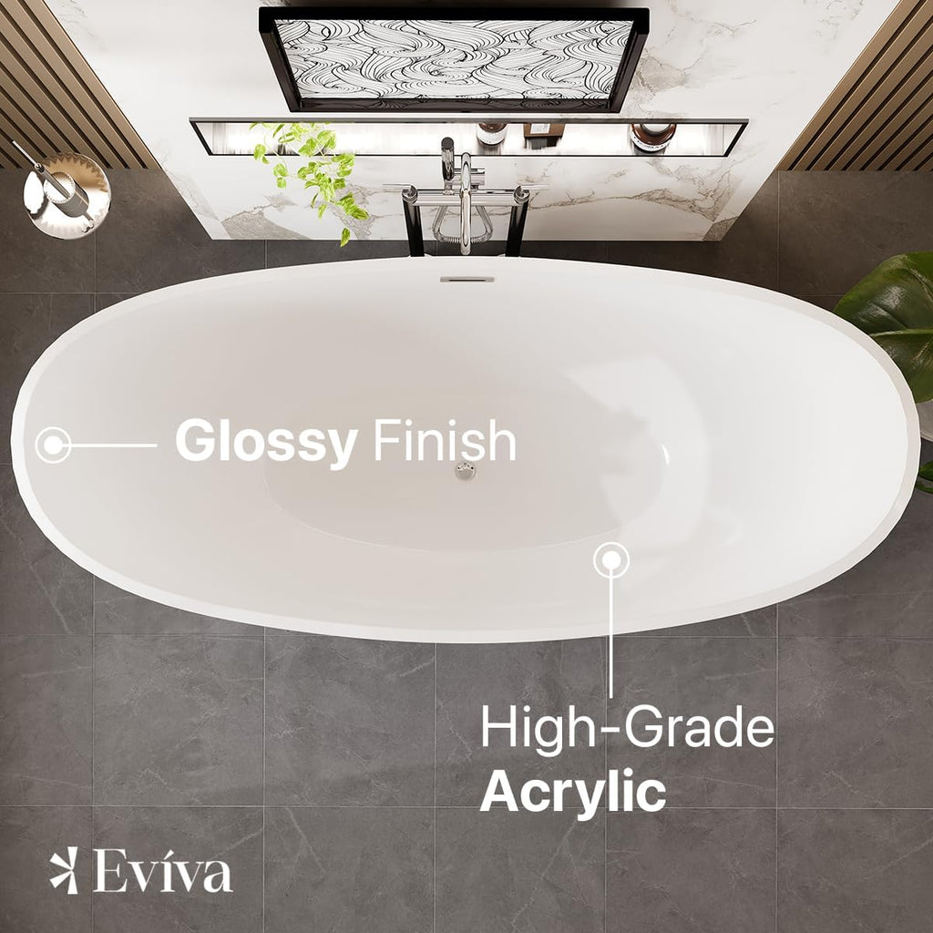 EVIVA Bella 60-Inch Acrylic Bathtub Non-Slip Deep Soaking Bathtub Freestanding Modern Soaker Deep Oval Bath Tub in Glossy White with Chrome Overflow and Middle Drain