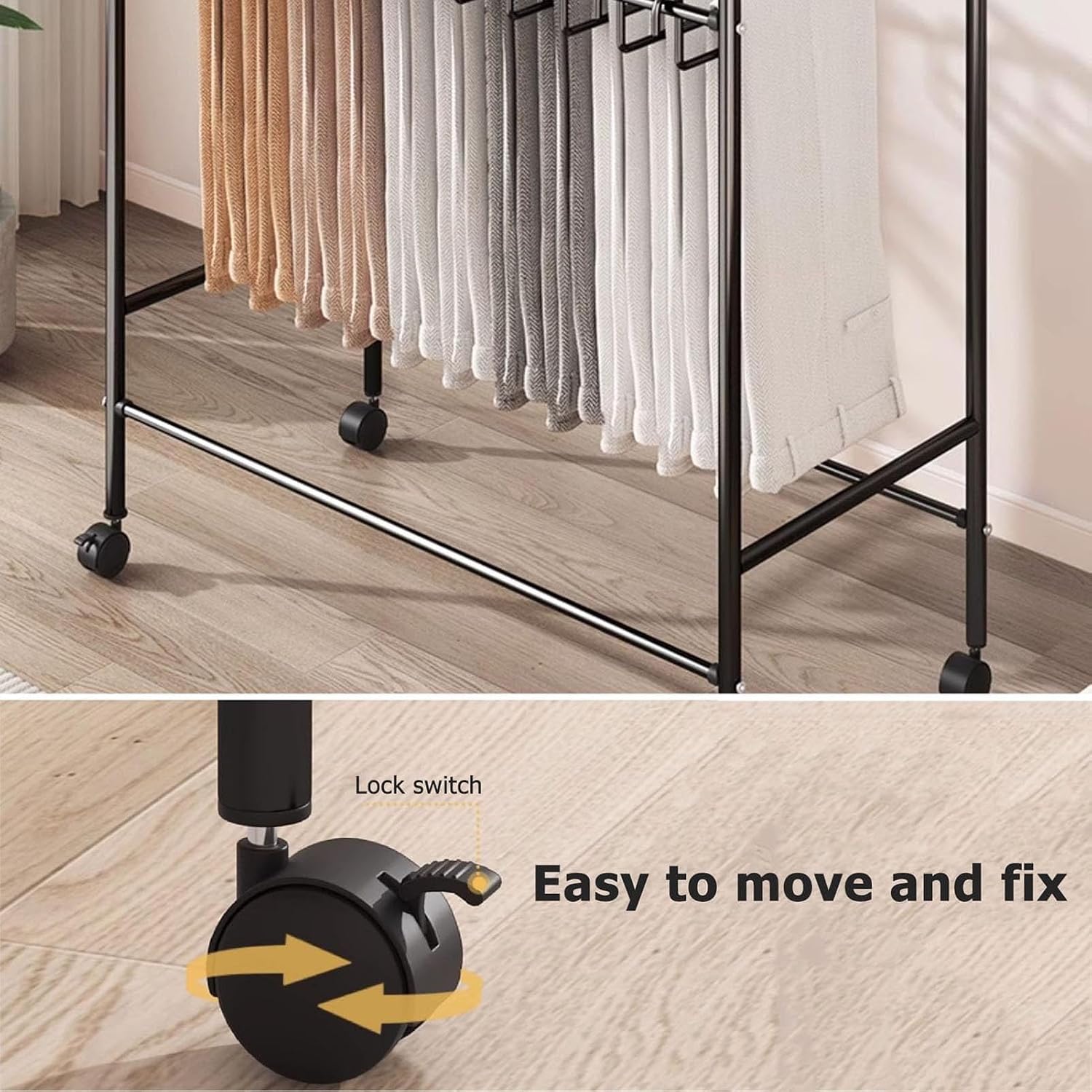Space-Saving Metal Pants Rack with Wheels – Durable Floor Standing Garment & Closet Shelf, Easy Mobility Trousers Hanger for Efficient Storage Solutions