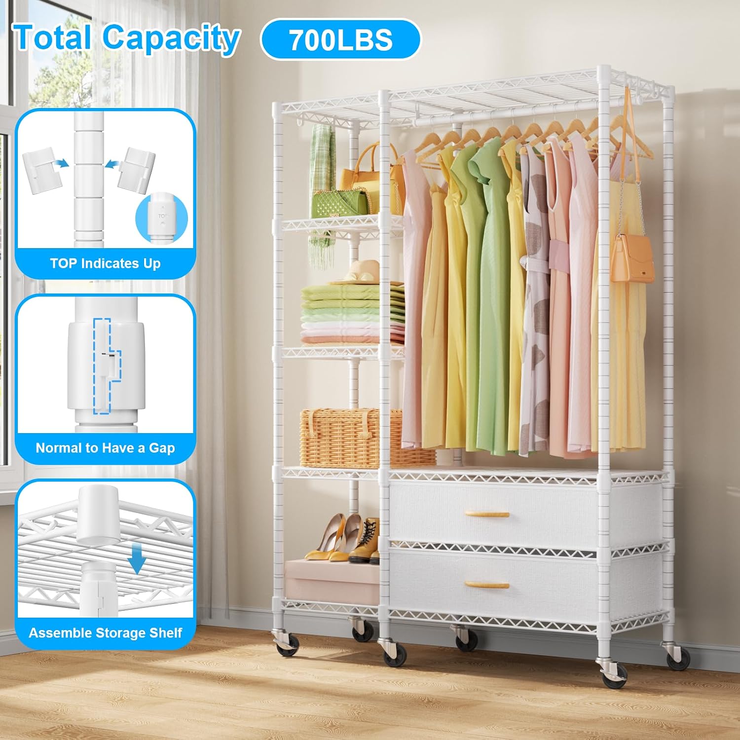 Ulif F3R Heavy Duty Clothes Rack（With Lockable Wheels）Freestanding Clothing Racks for Hanging Clothes，Adjustable Closet Organizer System，Portable Garment Rack 40'W x 15'D x 74'H，Max Load 700LBS，White