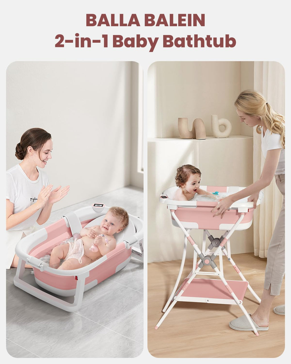 Baby Bathtub with Stand, 2-in-1 Collapsible Bath Tubs for Newborn to Toddler, Infant Bathtub with Folding Stand, Portable Bathtub for Baby Including Soft Cushion, Storage Pad (Pink)