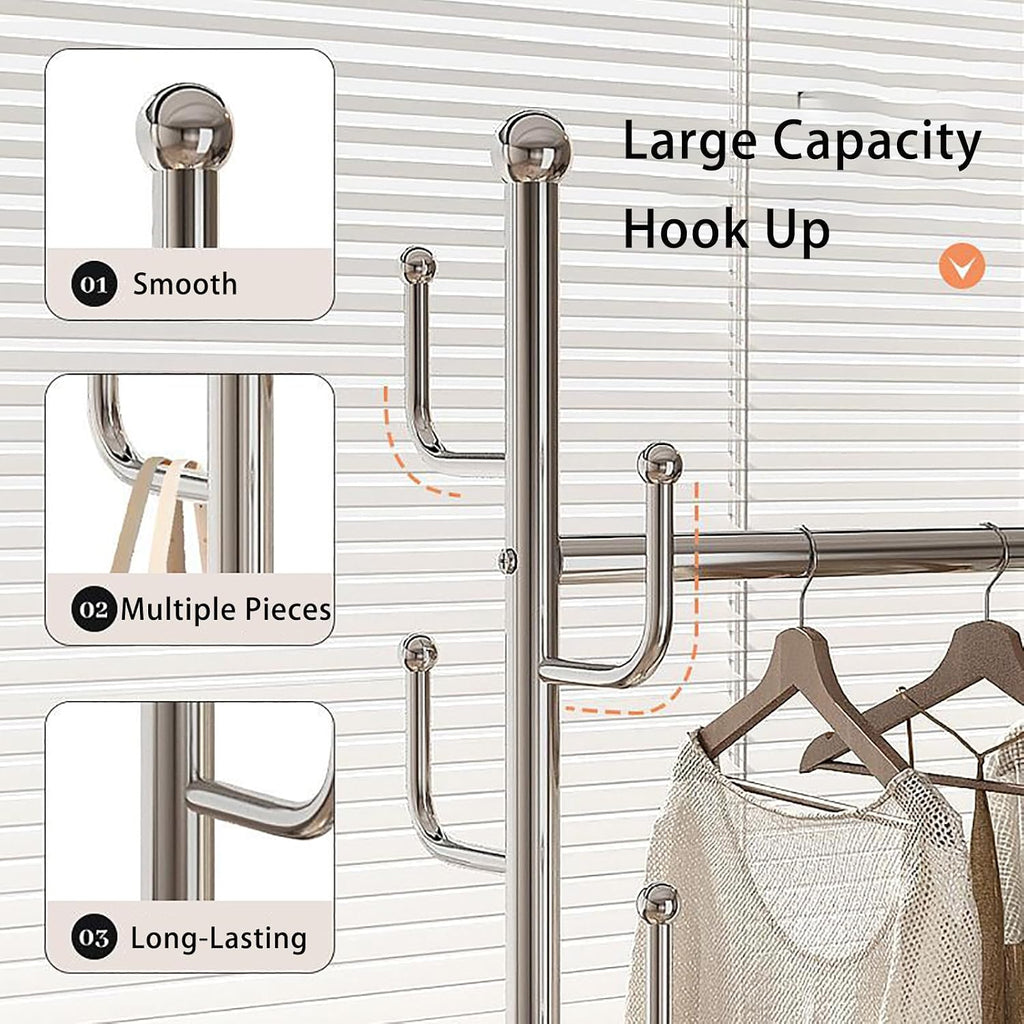 Clothing Racks for Hanging Clothes, Standing Coat Rack with Wheels Shelves, Heavy Duty Metal Rolling Garment Rack, for Bedroom Laundry Living Room, Easy to Assemble