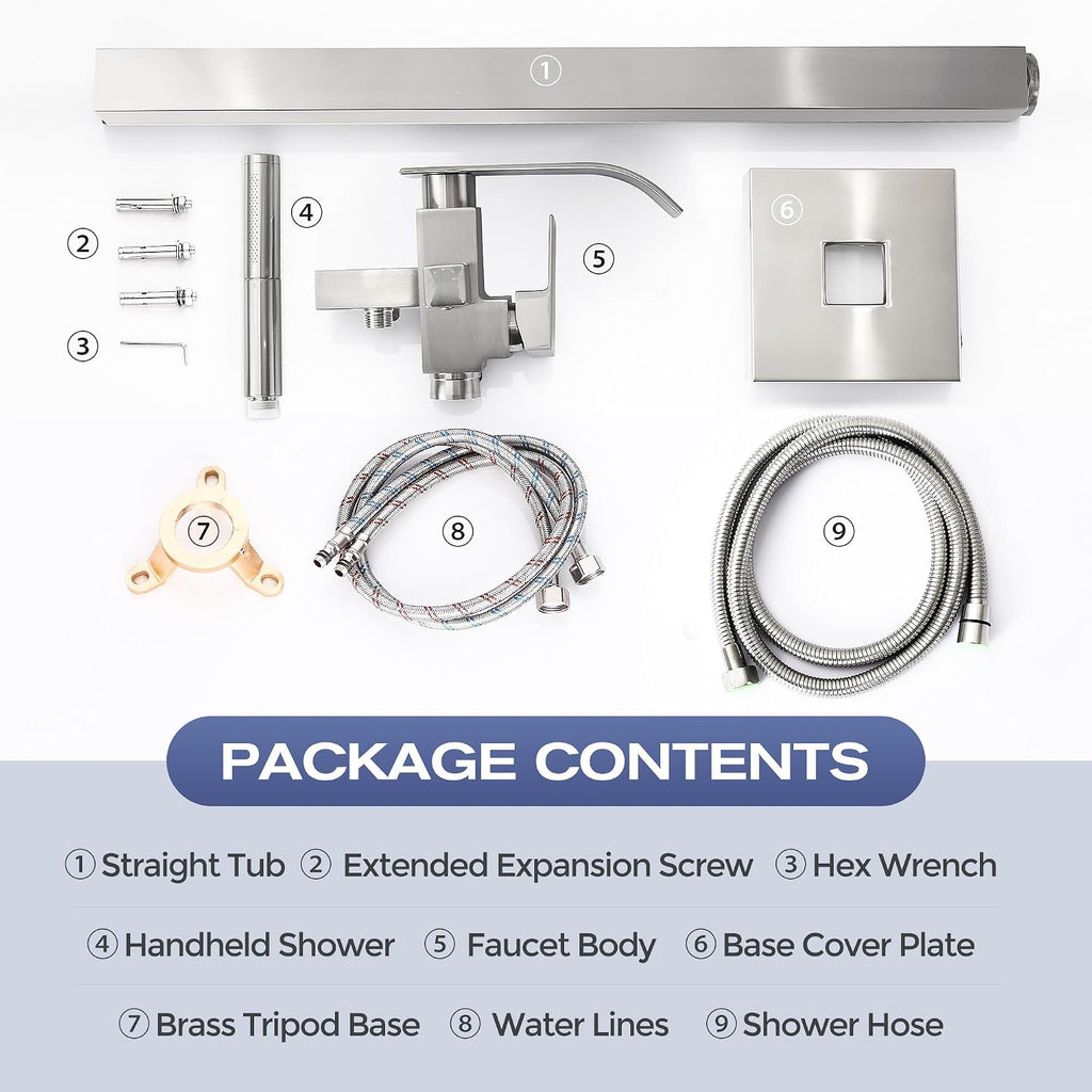 Waterfall Freestanding Bathtub Faucet, Floor Mount Bathroom Tub Filler Bath Shower Faucets with Handheld Sprayer, Brushed Nickel