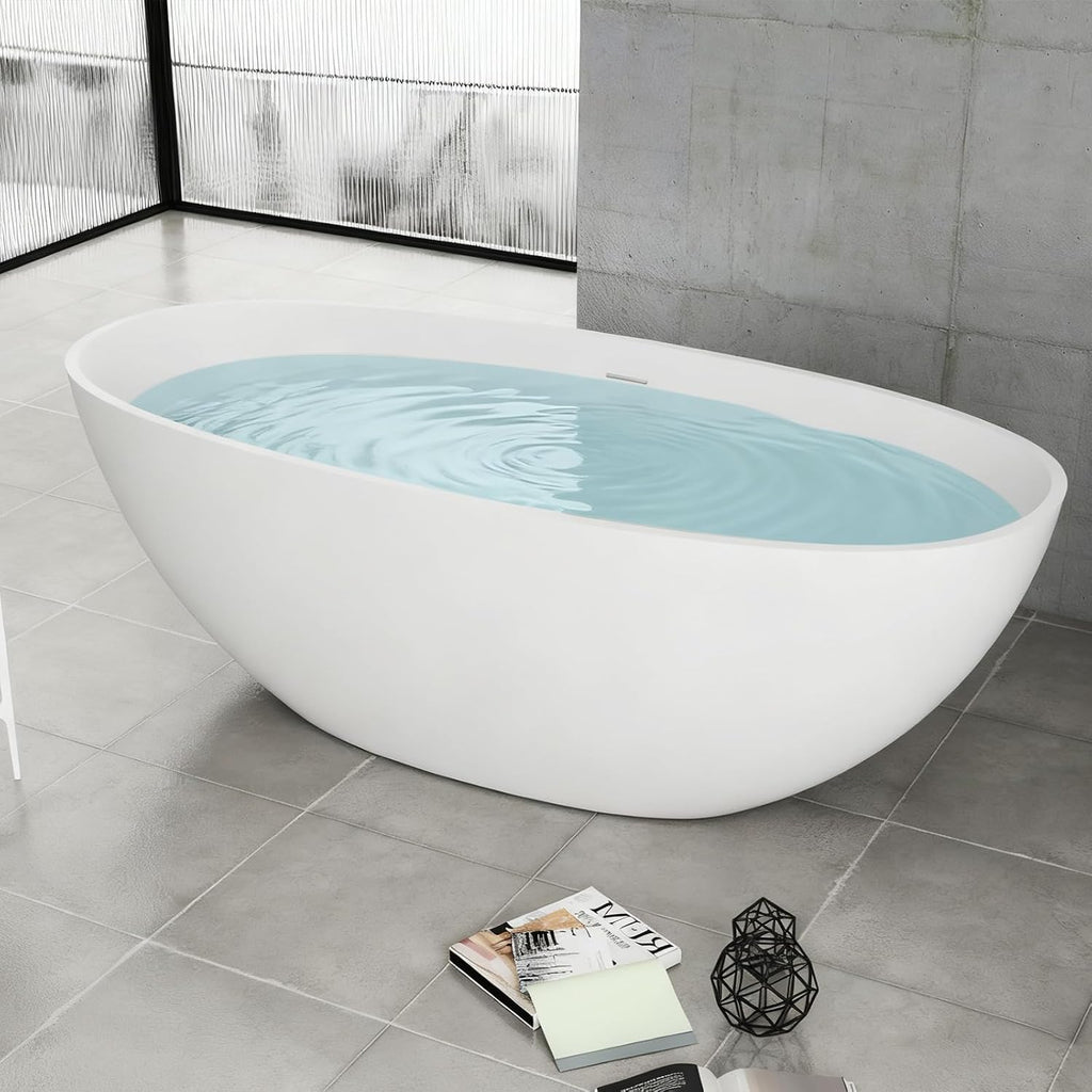 Zevemomo 65 Inch Stone Resin Freestanding Bathtub, Modern Oval Soaking Bathtubs Tubs, Contemporary Solid Surface Bathtubs with Overflow and Pop-up Drain, Matte White