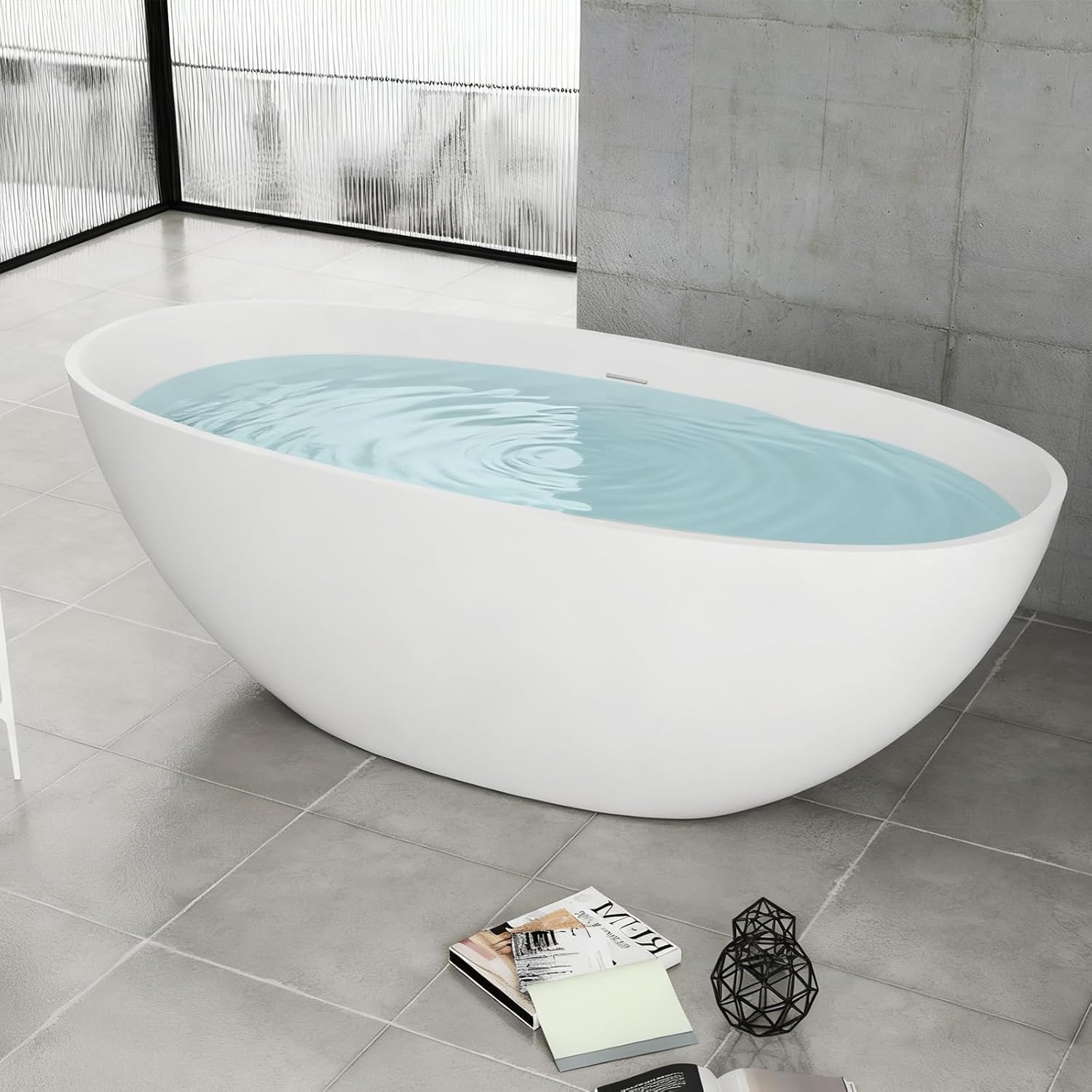 Zevemomo 65 Inch Stone Resin Freestanding Bathtub, Modern Oval Soaking Bathtubs Tubs, Contemporary Solid Surface Bathtubs with Overflow and Pop-up Drain, Matte White